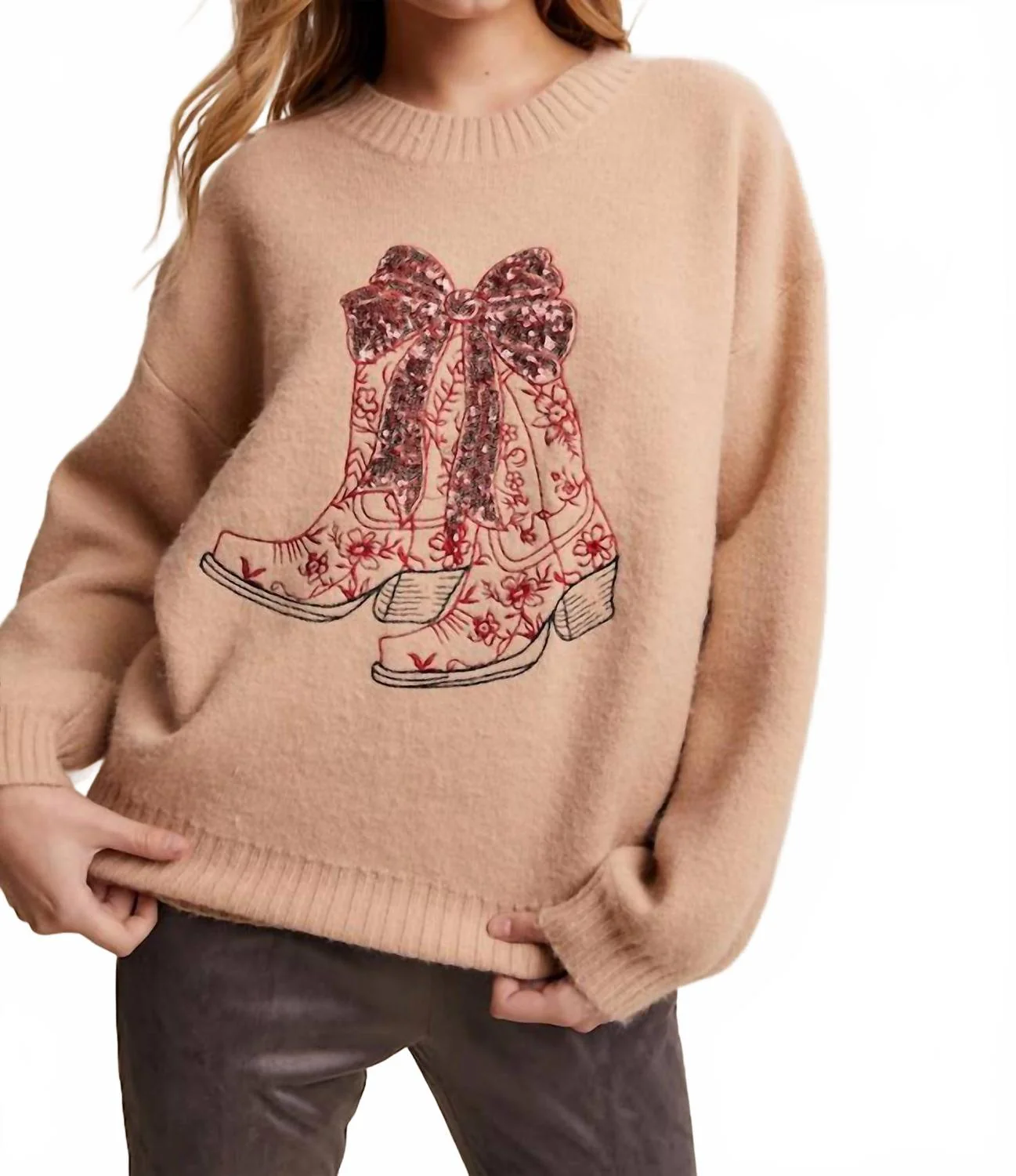 Boots & Bows Sweater In Beige