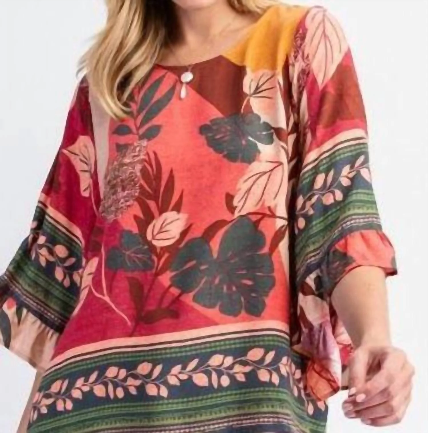 Border Printed Rayon Challis Woven Top In Rose Green