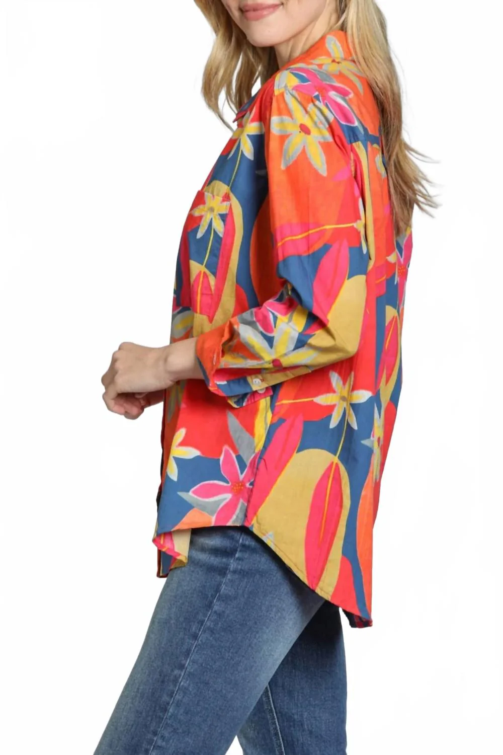 Boyfriend Button Up Shirt In Bright Orange Multi - Image 3