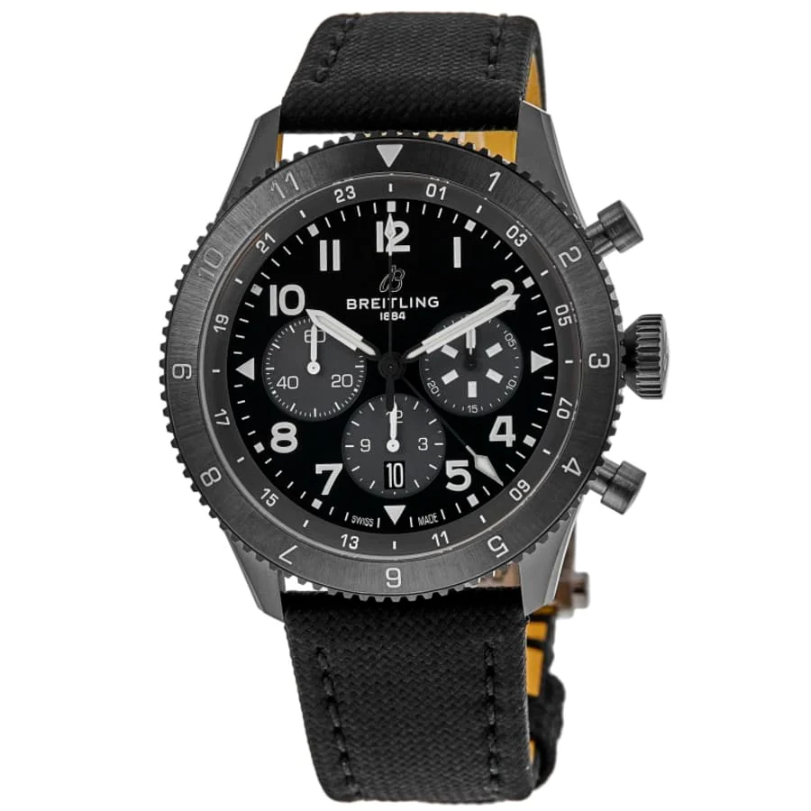 Breitling Super Avi B04 Chronograph GMT 46 Mosquito Night Fighter Black Dial Leather Strap Men's Watch SB04451A1B1X1