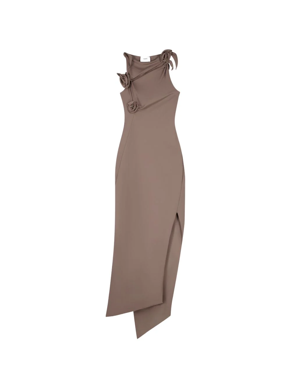 Brown Asymmetrical Rosette Fitted Midi Dress