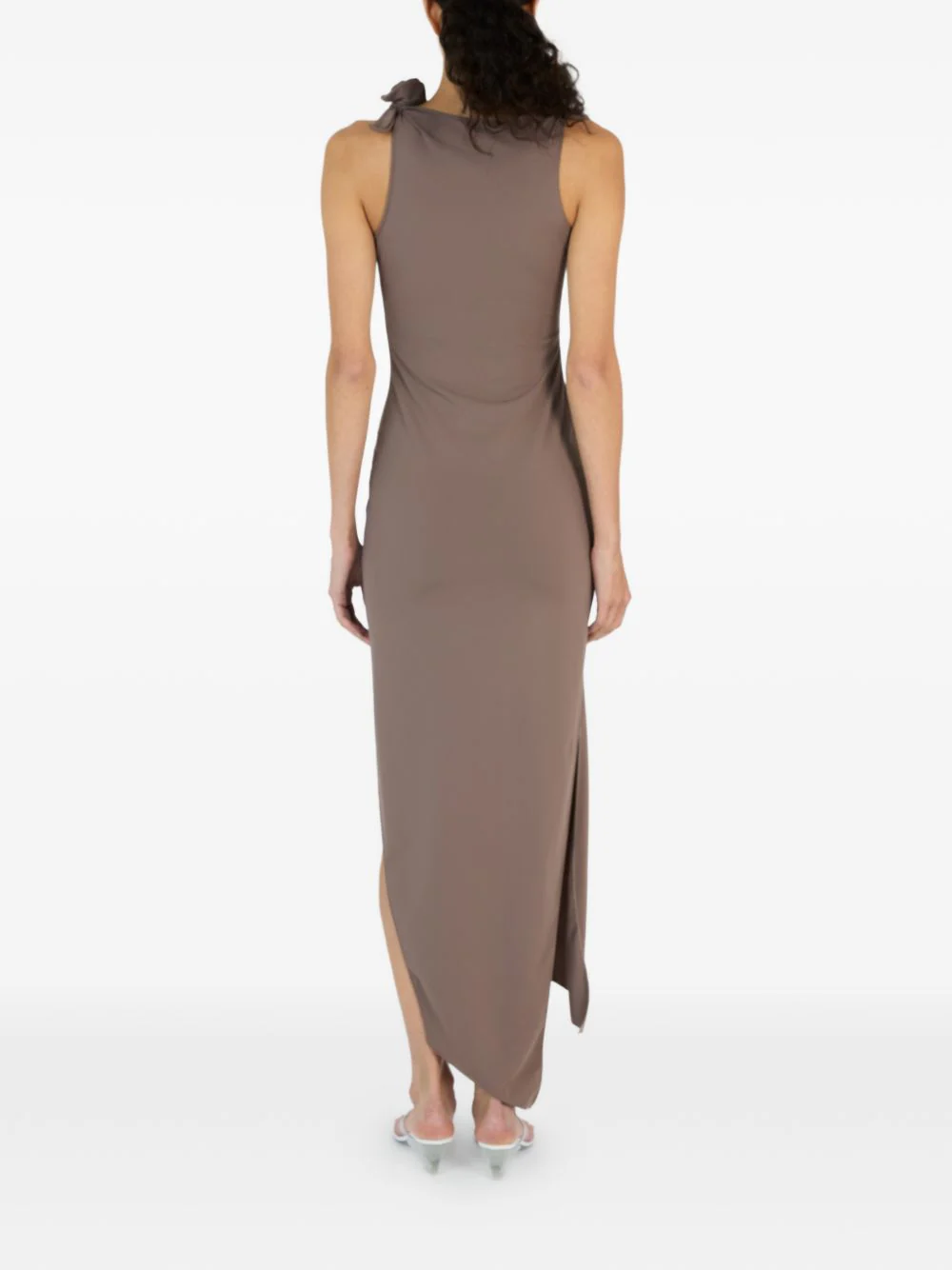 Brown Asymmetrical Rosette Fitted Midi Dress - Image 3