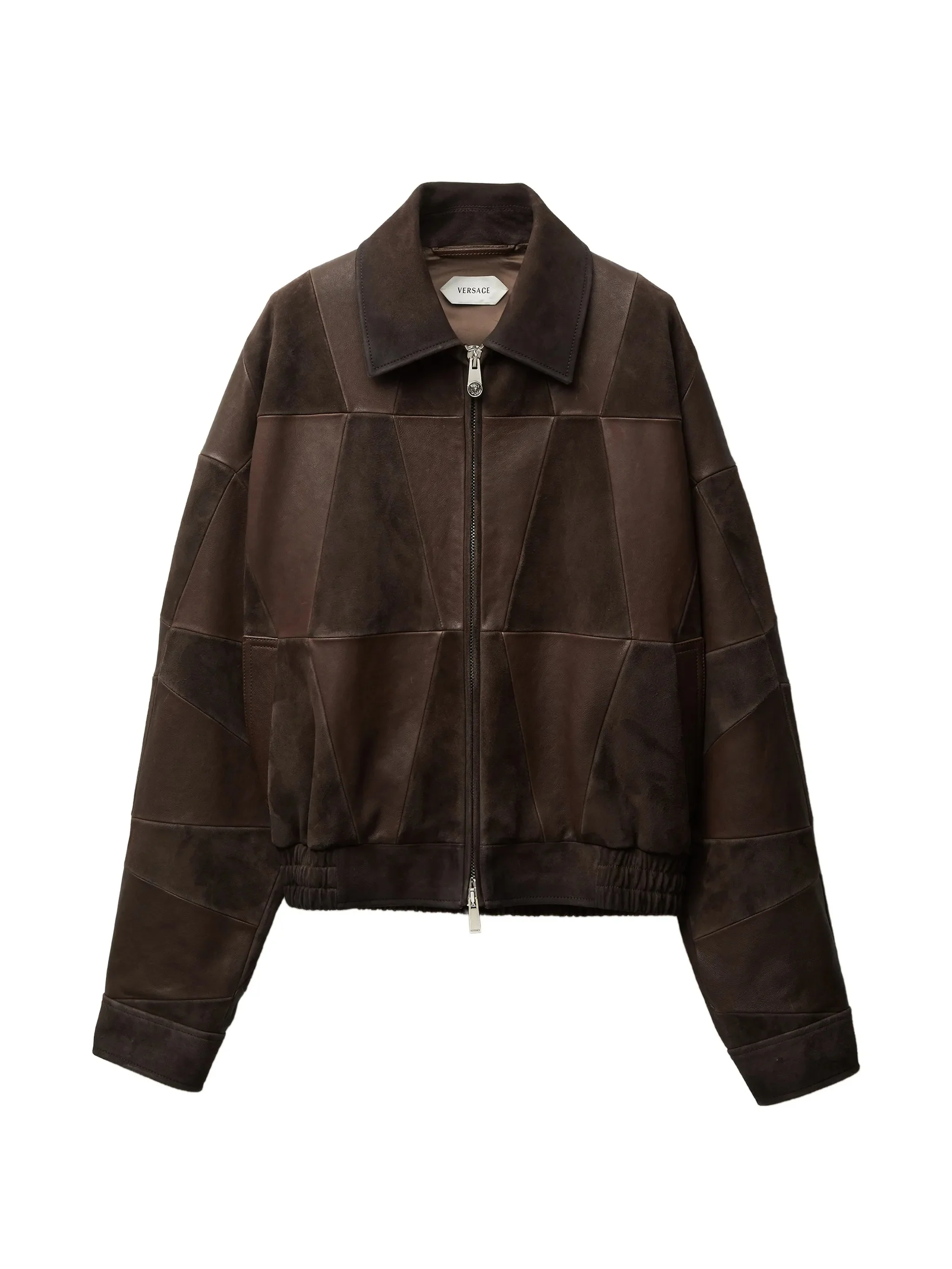 Brown Blouson Leather Patchwork Cropped Jacket