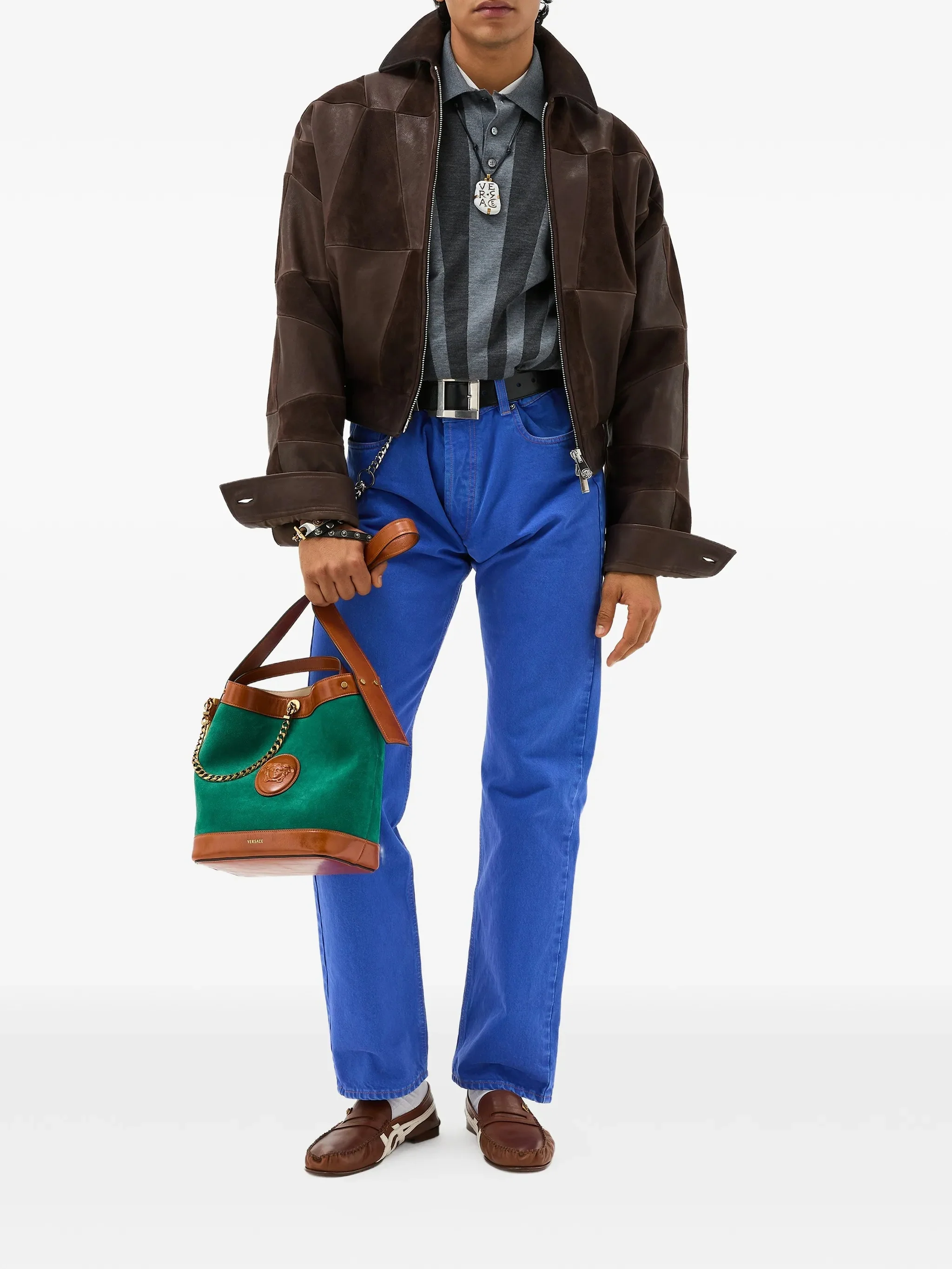 Brown Blouson Leather Patchwork Cropped Jacket - Image 2
