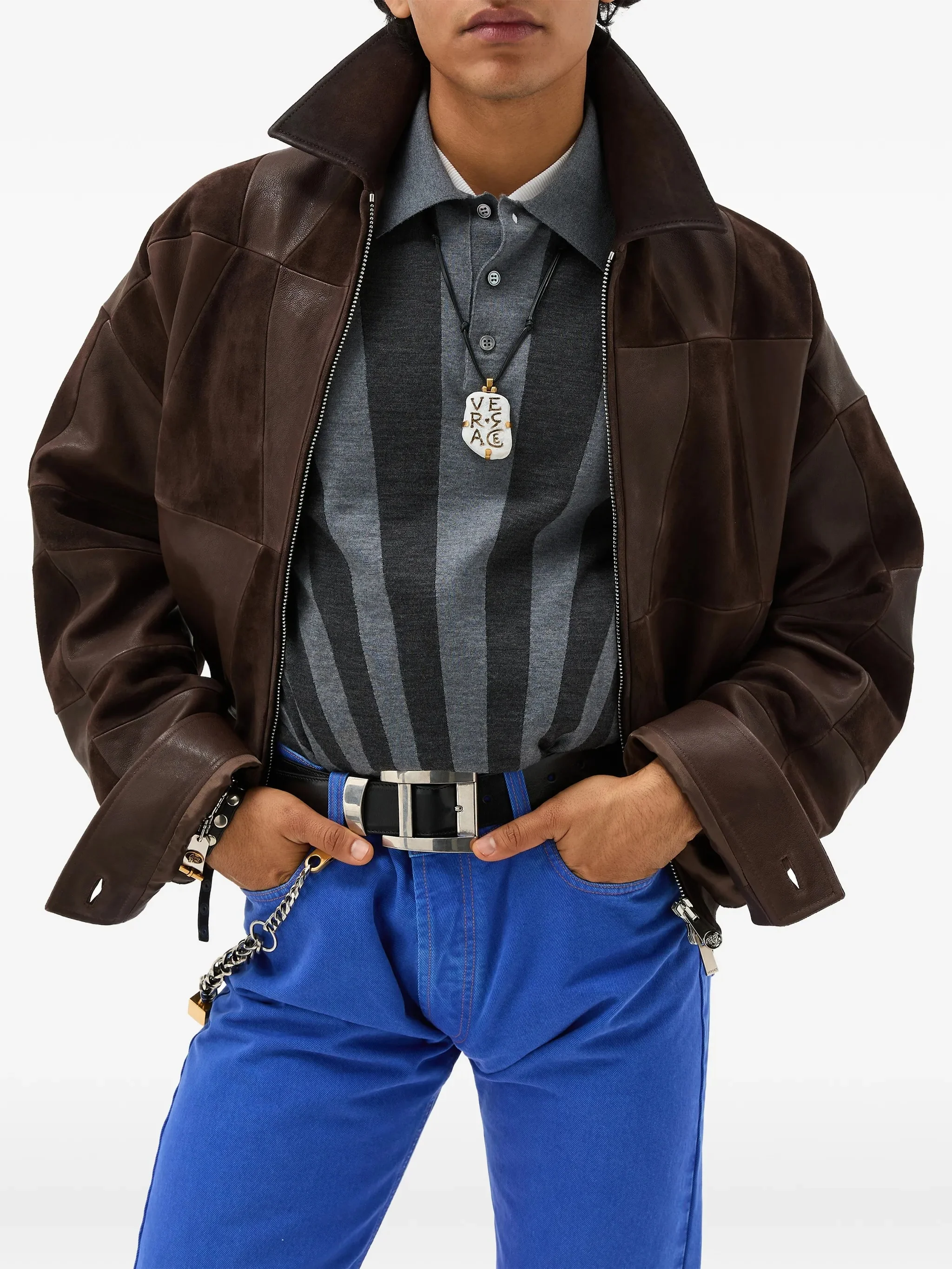 Brown Blouson Leather Patchwork Cropped Jacket - Image 3