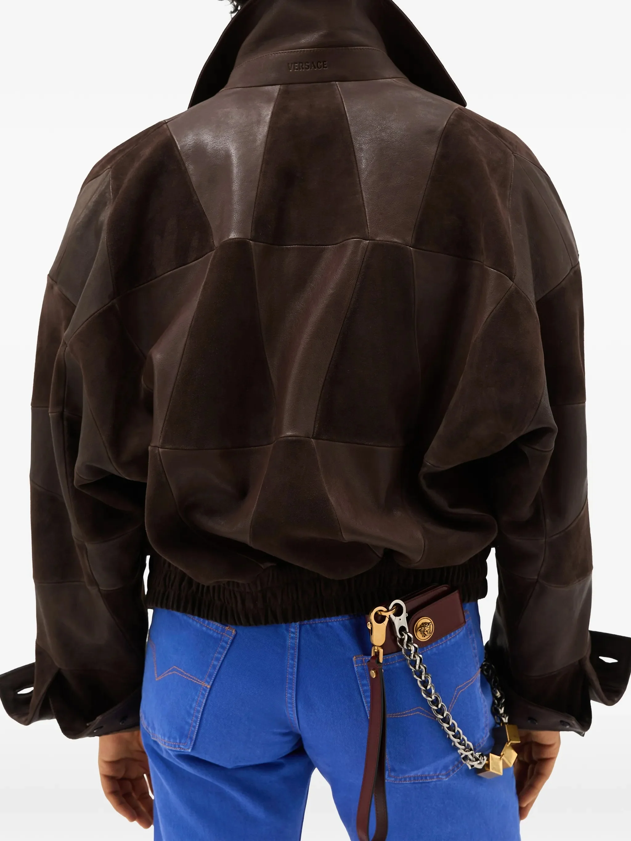 Brown Blouson Leather Patchwork Cropped Jacket - Image 4