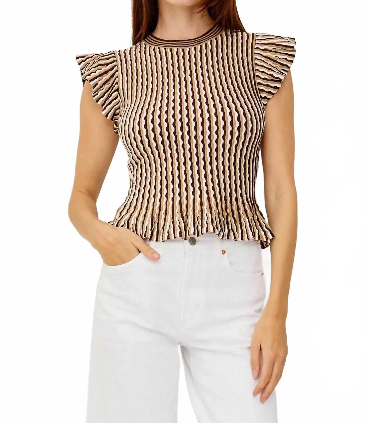 Bryn Fitted Top In Brown Stripe - Image 4