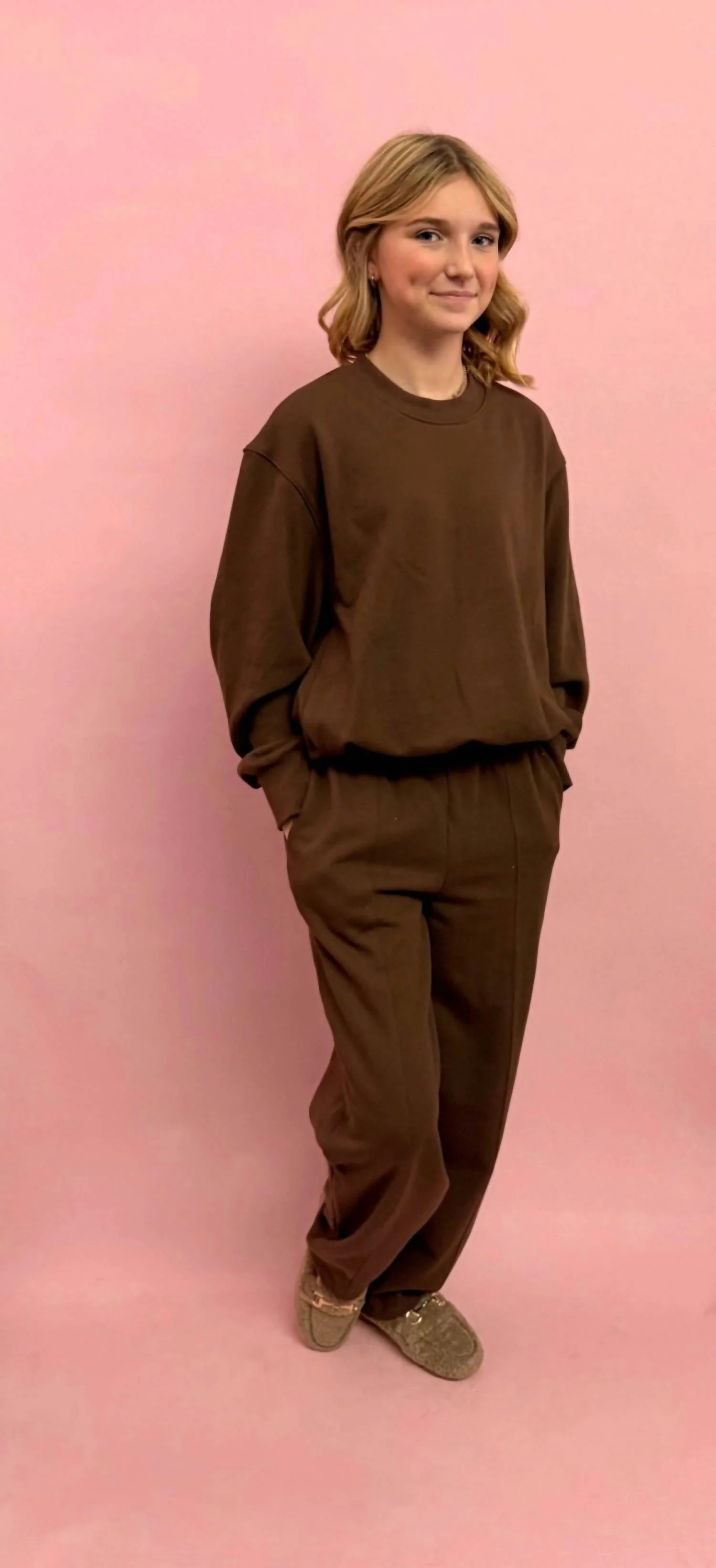 Bubble Hem Sweatshirt And Barrel Sweatpant Set In Brown - Image 2