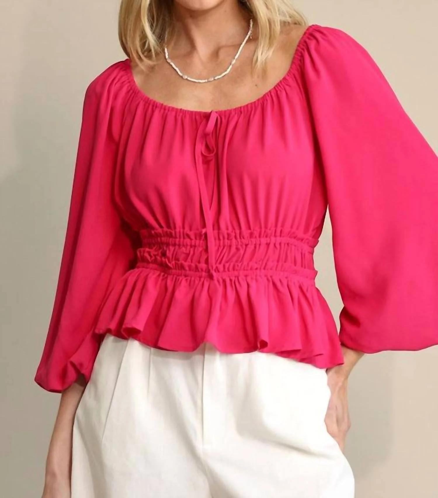 Bubble Sleeve & Elastic Waist With Front Tie Top In Pink