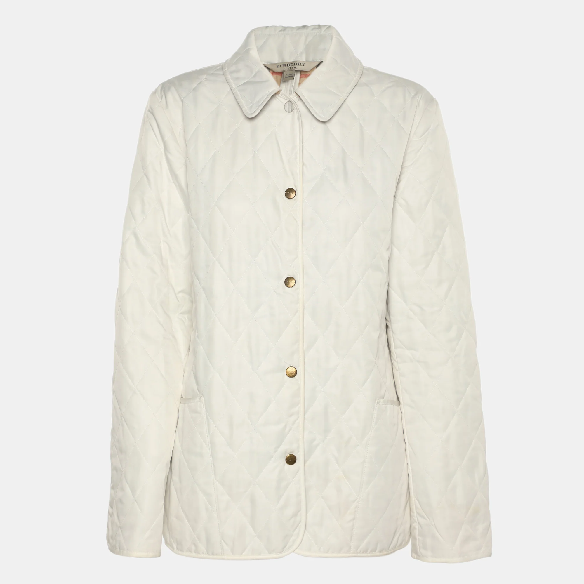 Burberry London White Diamond Quilted Nylon Button Front Jacket O/s