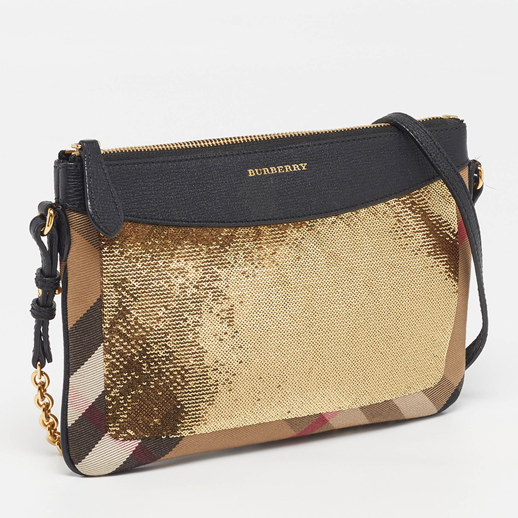 Burberry Peyton Black/beige Haymarket Check Canvas And Leather Crossbody Bag - Image 3