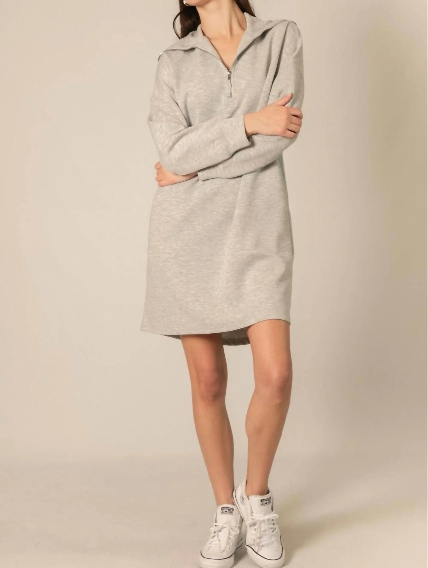 Butter Modal Quarter Zip Long Sleeve Dress In Heather Grey