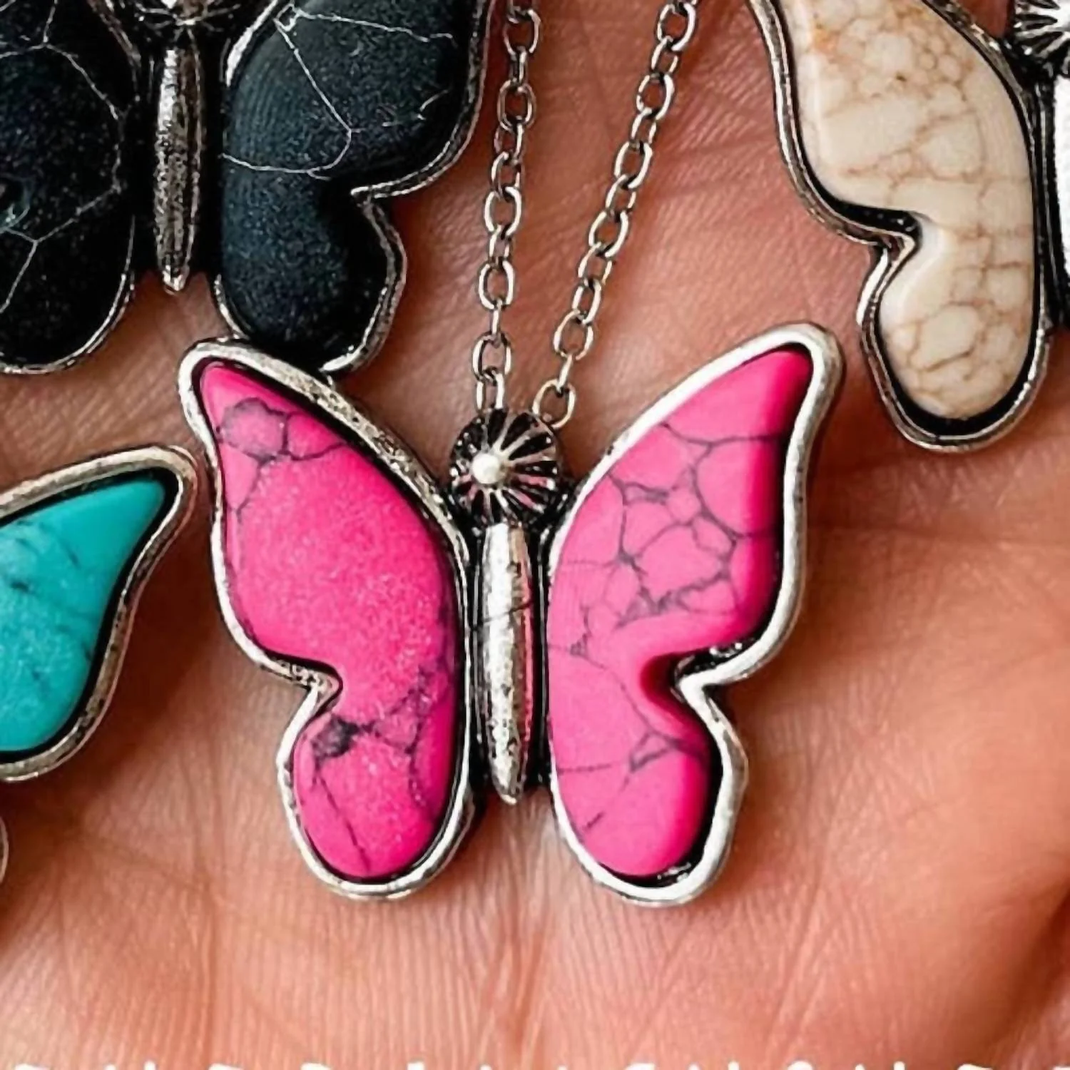 Butterfly Stone Pendant Choker Necklace In Silver/fuchsia