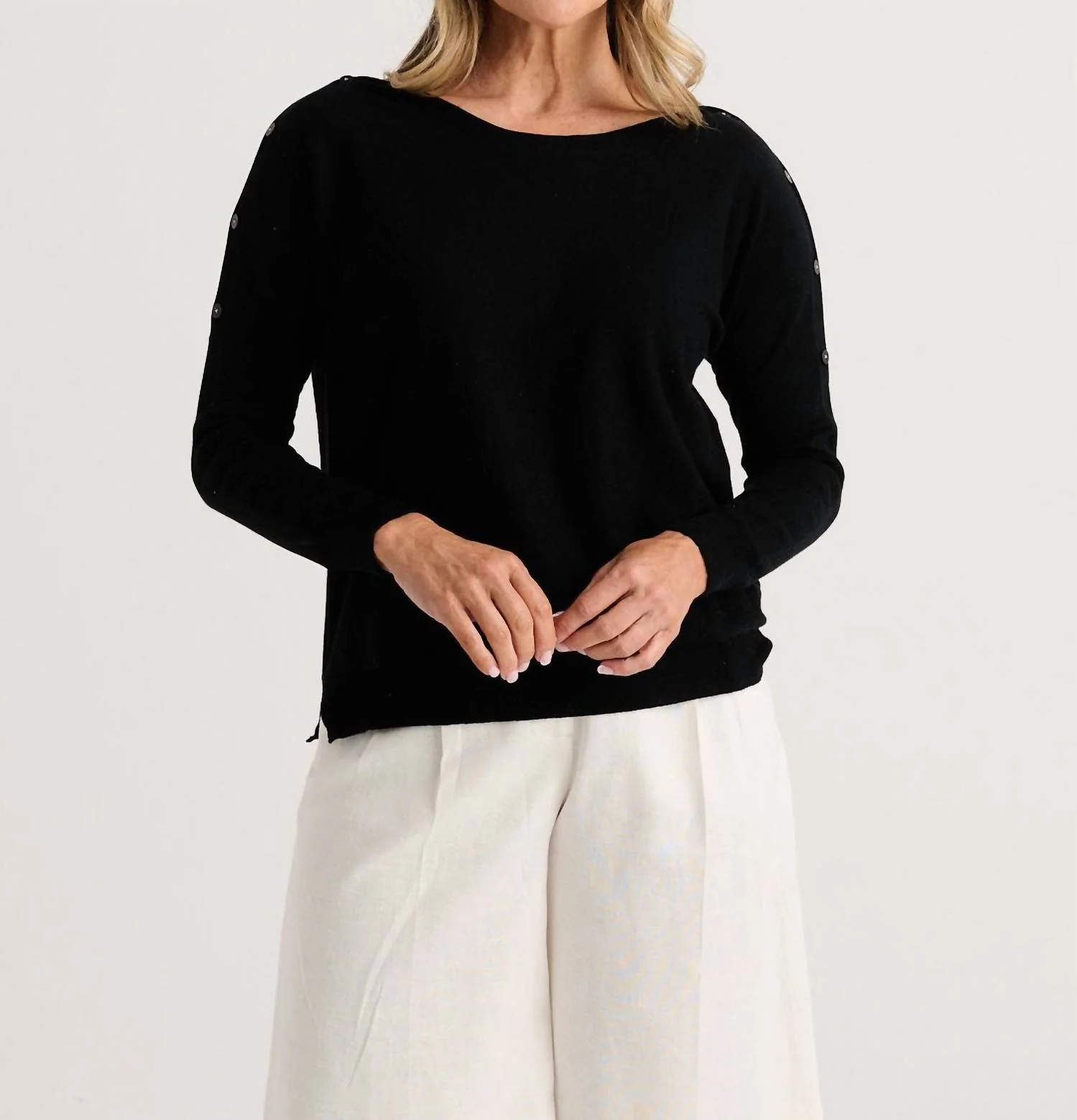 Button Boat Neck Sweater In Black