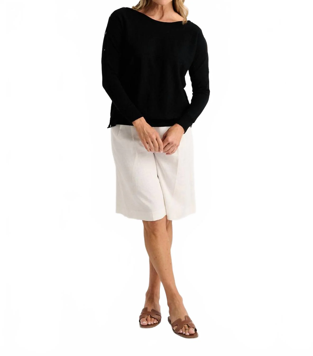 Button Boat Neck Sweater In Black - Image 4