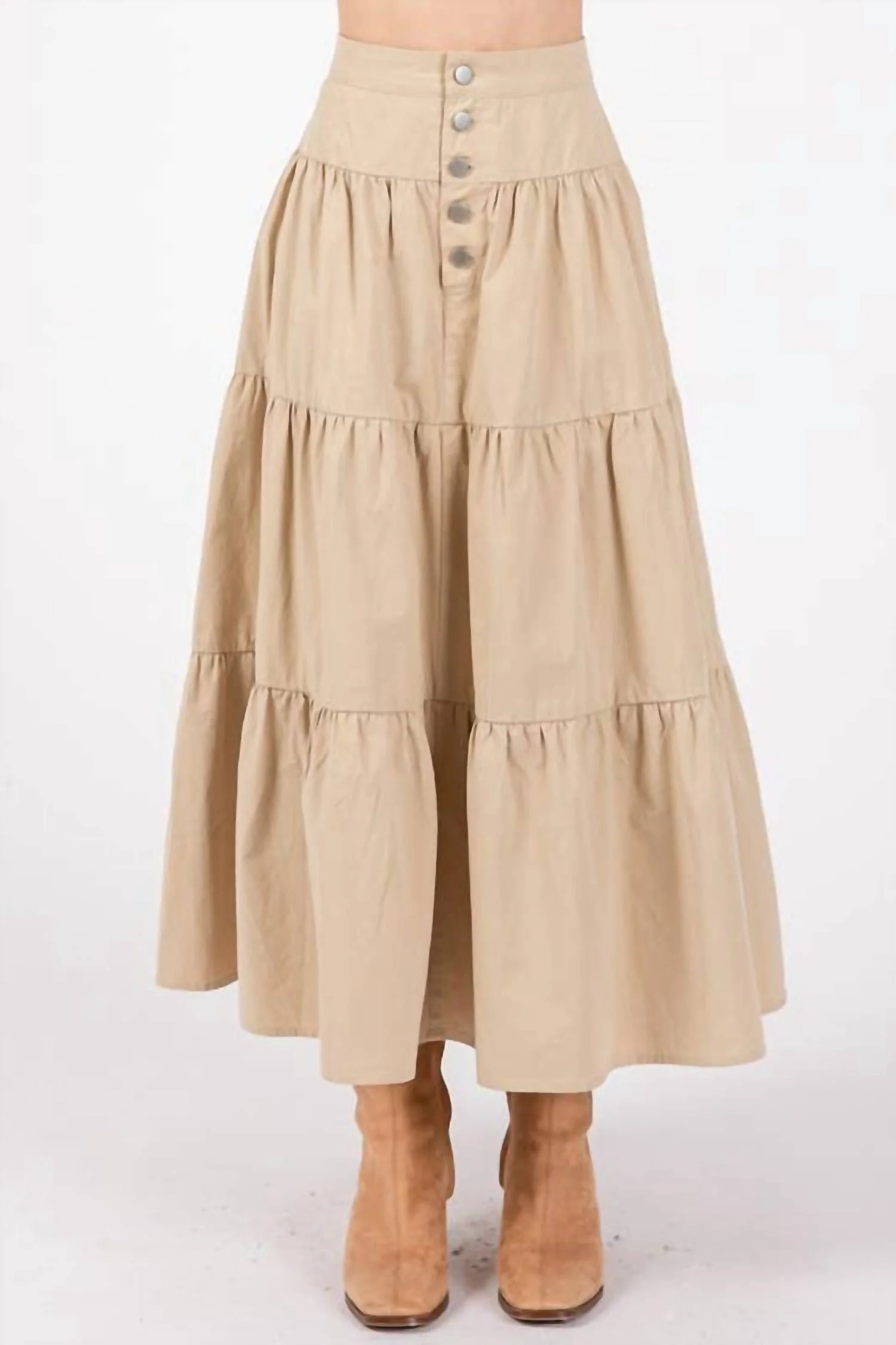 Button Detailed Front Maxi Skirt In Beige