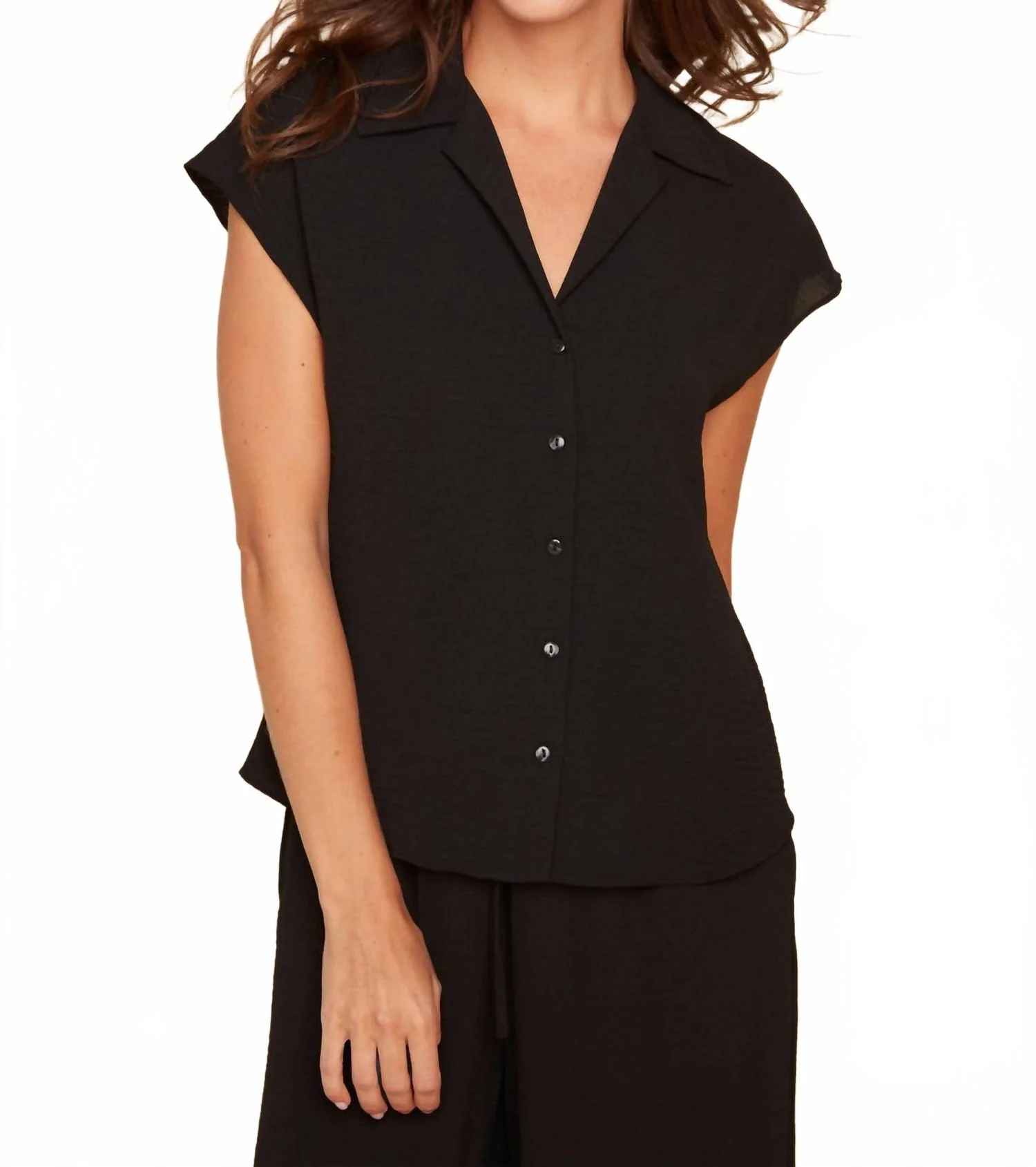 Button Front Collared Blouse With Cap Sleeves In Black