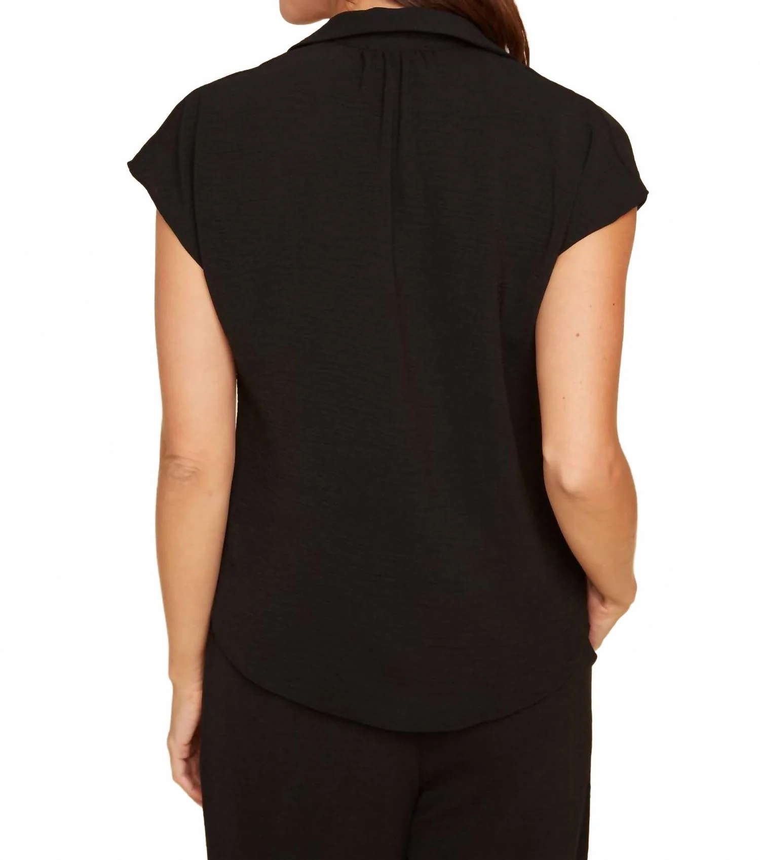 Button Front Collared Blouse With Cap Sleeves In Black - Image 2
