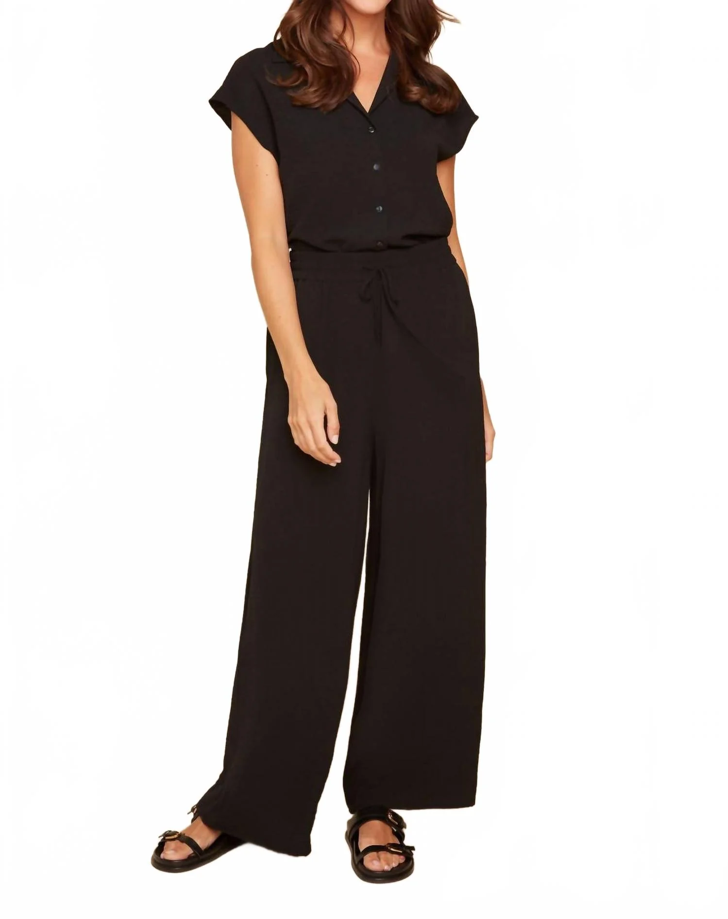 Button Front Collared Blouse With Cap Sleeves In Black - Image 4
