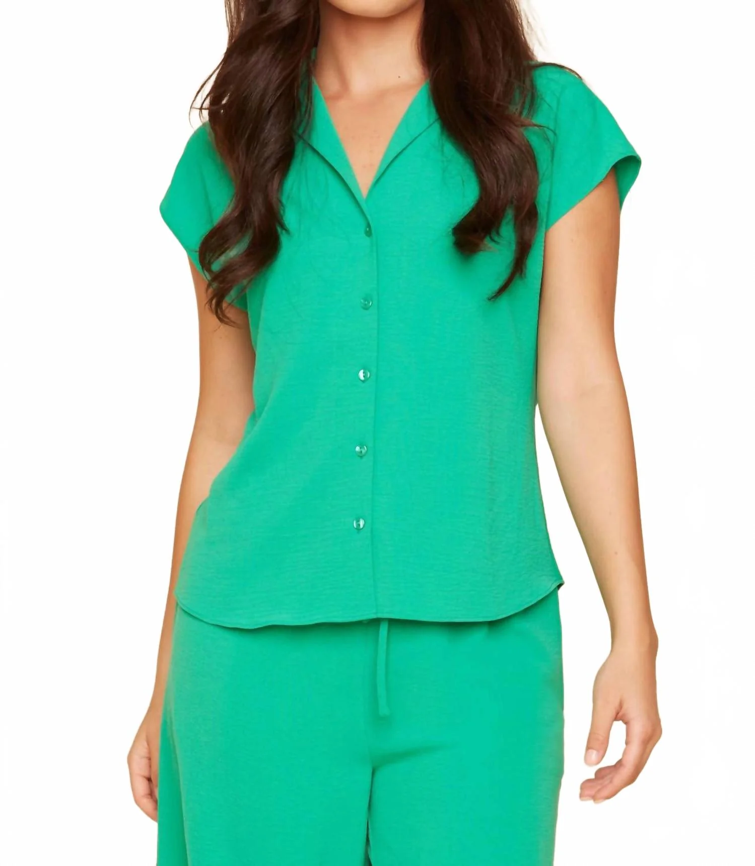 Button Front Collared Blouse With Cap Sleeves In Jade