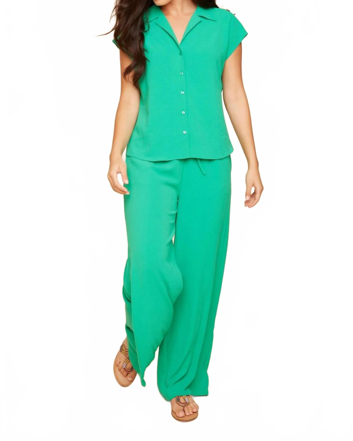 Button Front Collared Blouse With Cap Sleeves In Jade - Image 3