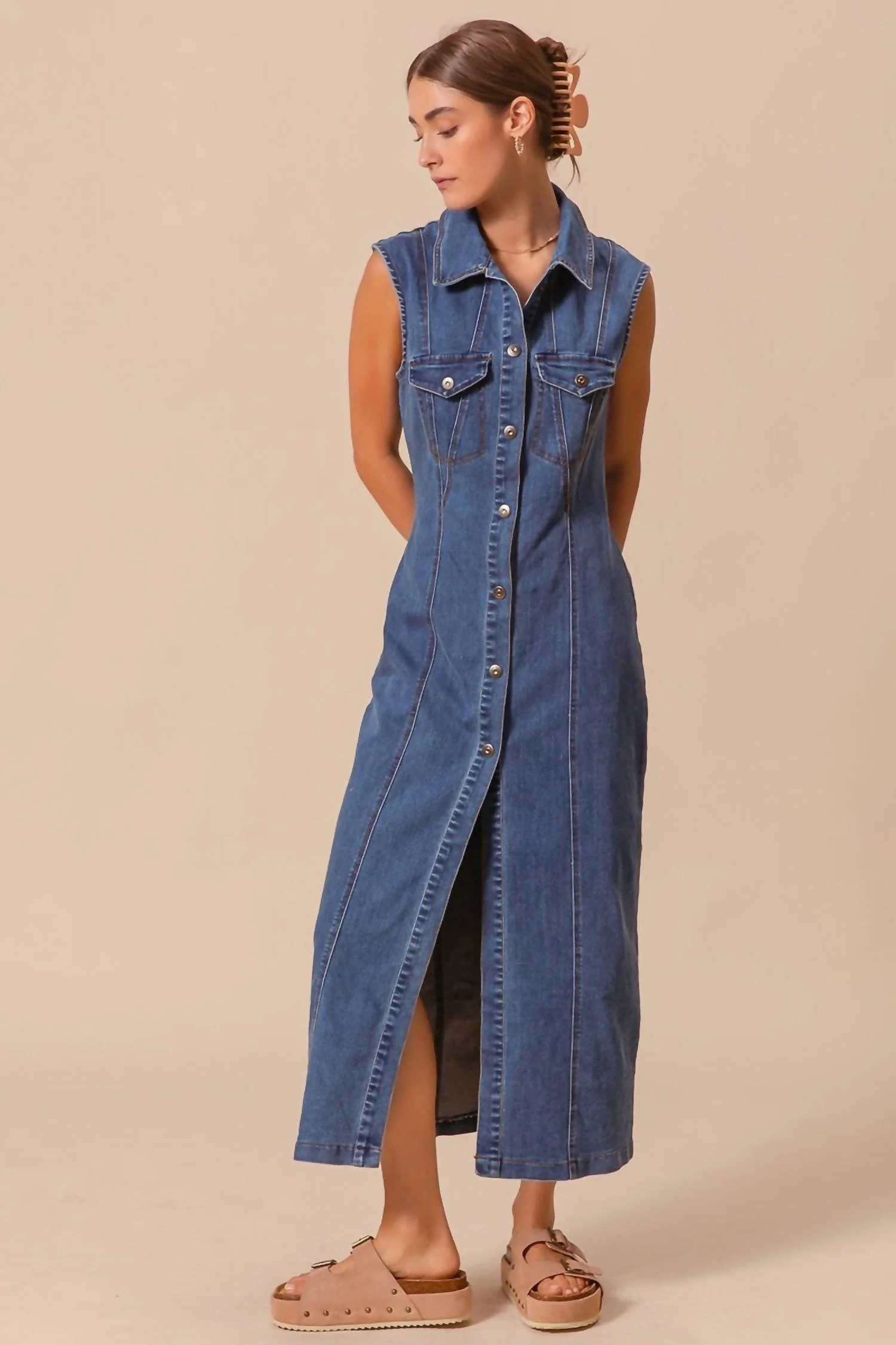 Button Front Denim Shirt Dress In Blue