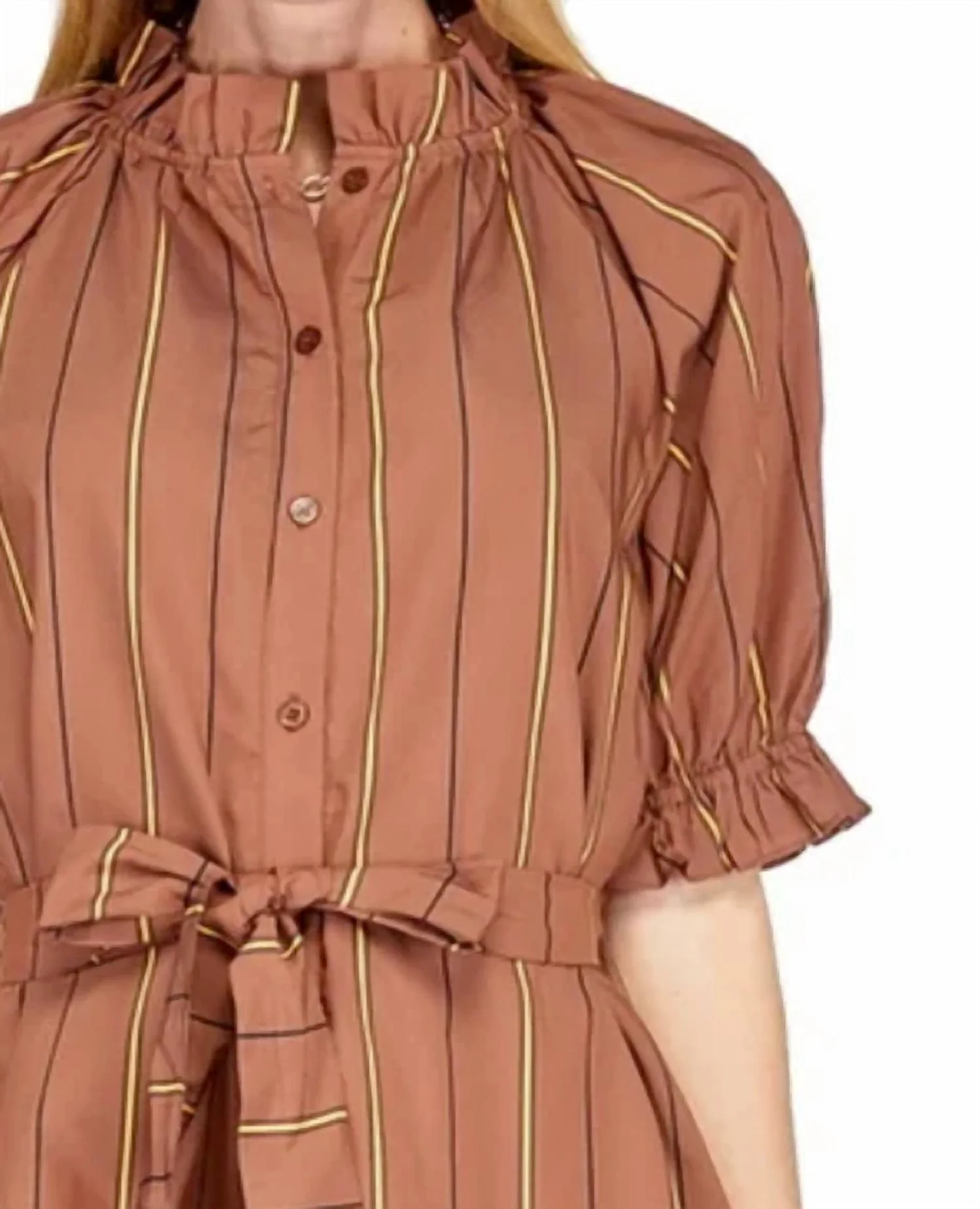 Button Front Flounce Mini Dress In Brown Stripe - Image 2
