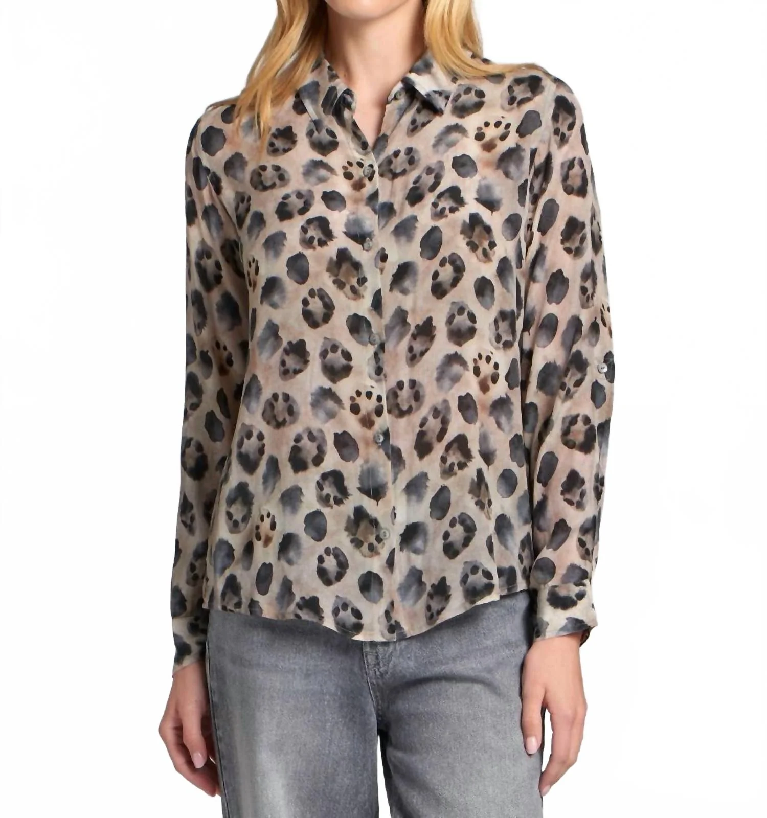 Button Up Blouse With Roll Up Sleeve In Latte Multi