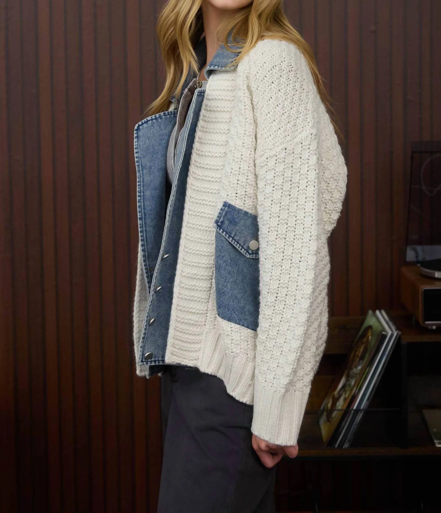 Cable Knit With Denim Detail Sweater Jacket In Cream - Image 3