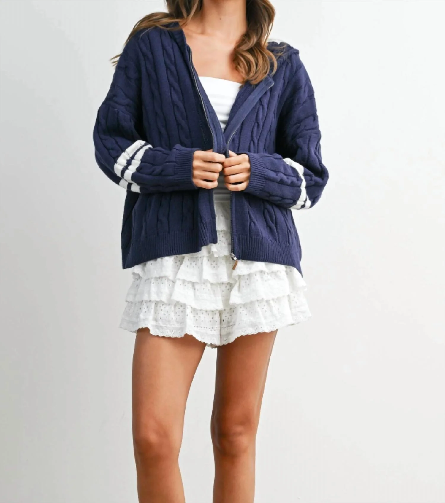 Cable Knit Zip-Up Hooded Cardigan In Navy / Ivory - Image 2