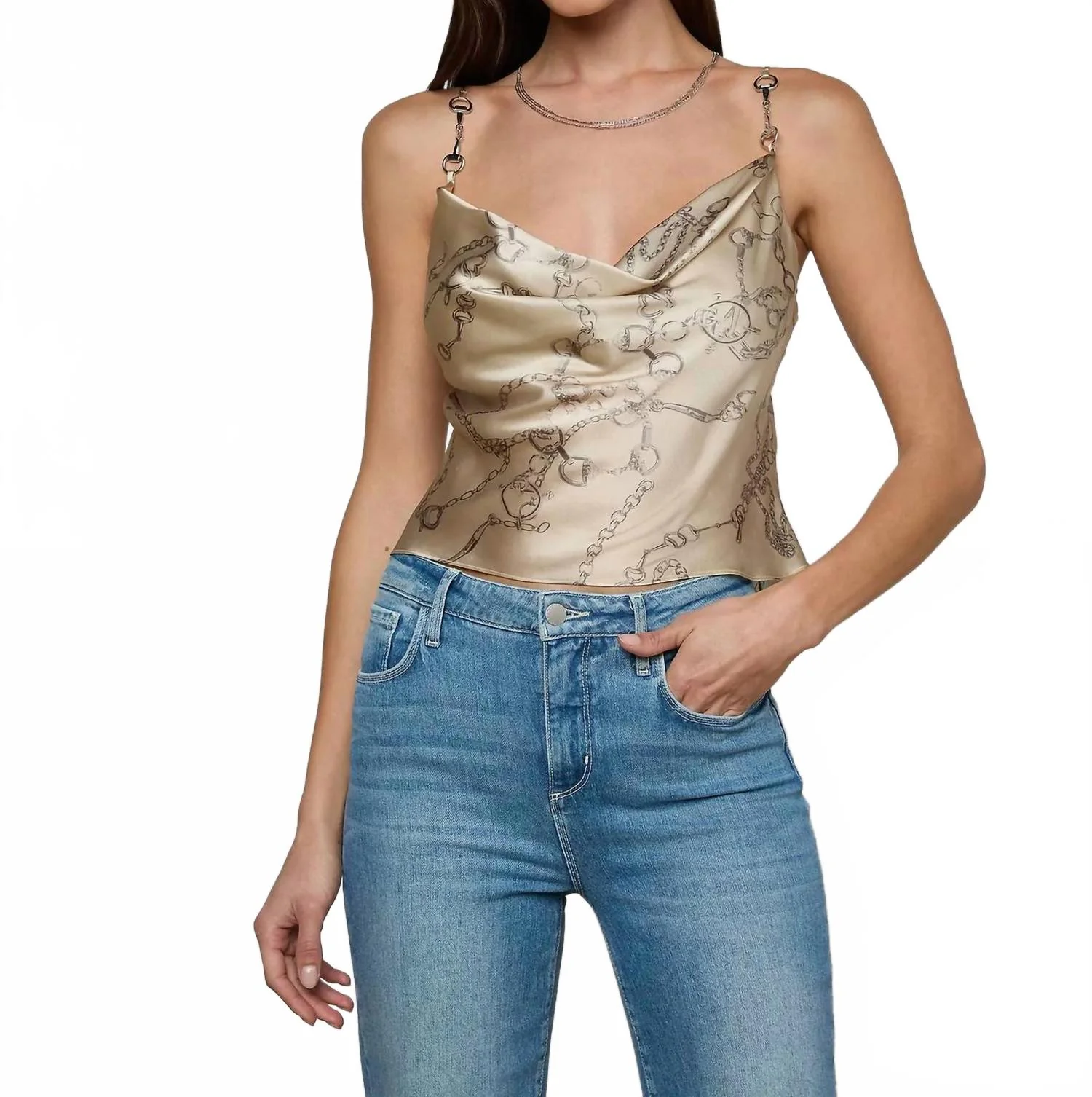 Calista Silk Camisole Top In Soft Macadamia Multi Small Horsebit Chain