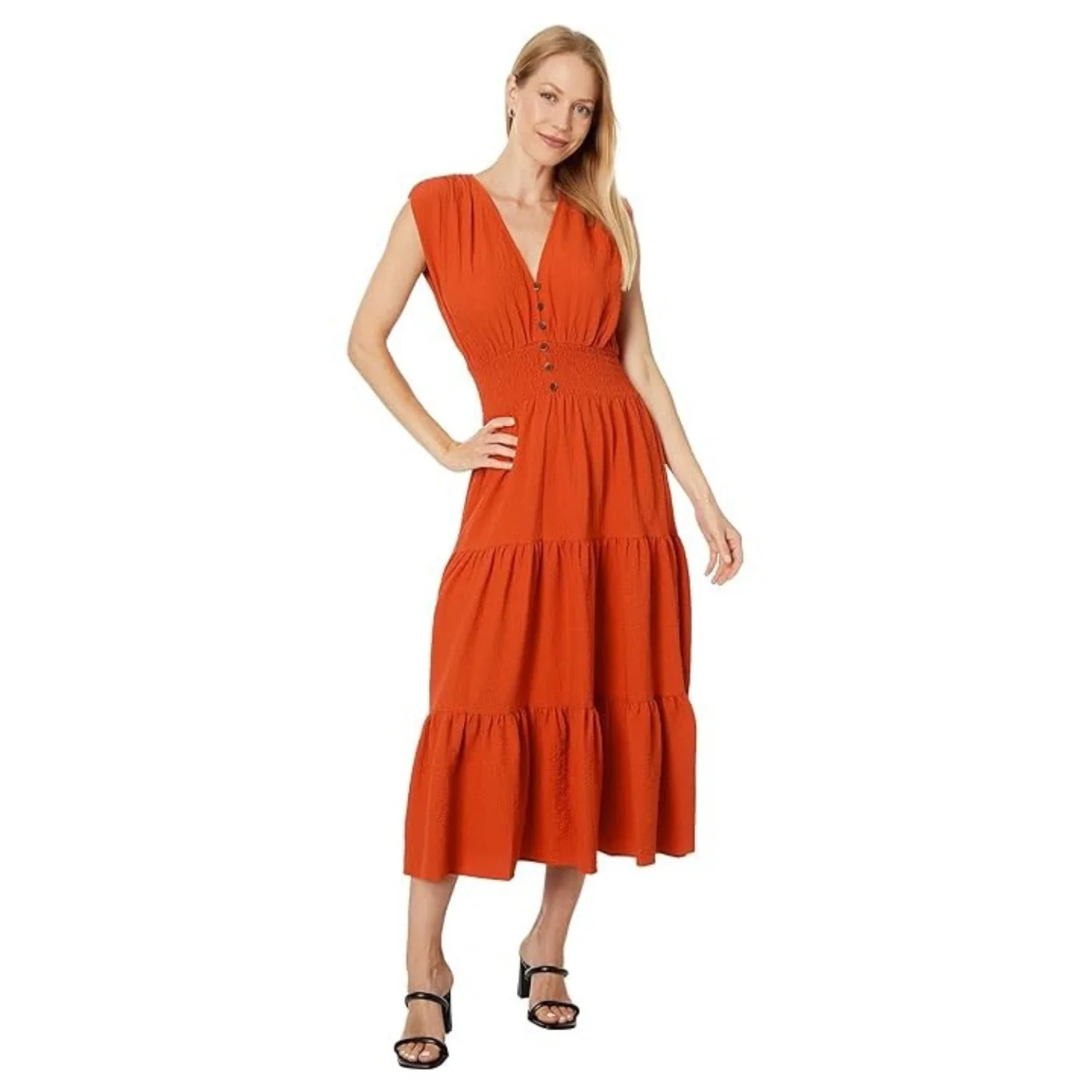 Calvin Klein Gauze Midi Dress Women Clay Stretch Tiered V-Neck A-Line FROG338 - Image 4