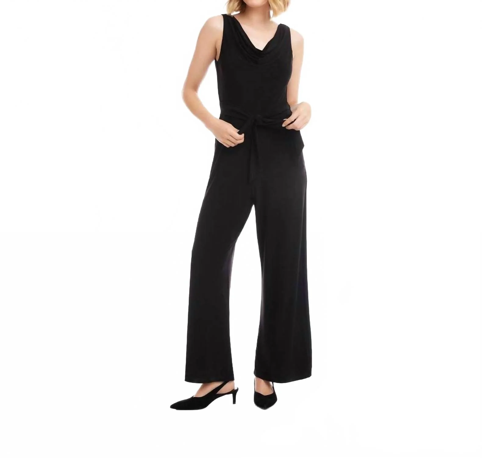Camila Travel Jersey Sleeveless Cowl Neck Jumpsuit In Black