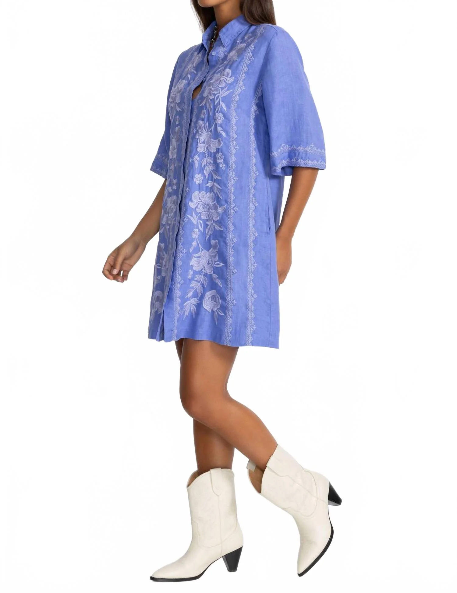 Camille Kimono Sleeve Linen Shirt Dress In Baja Blue - Image 2