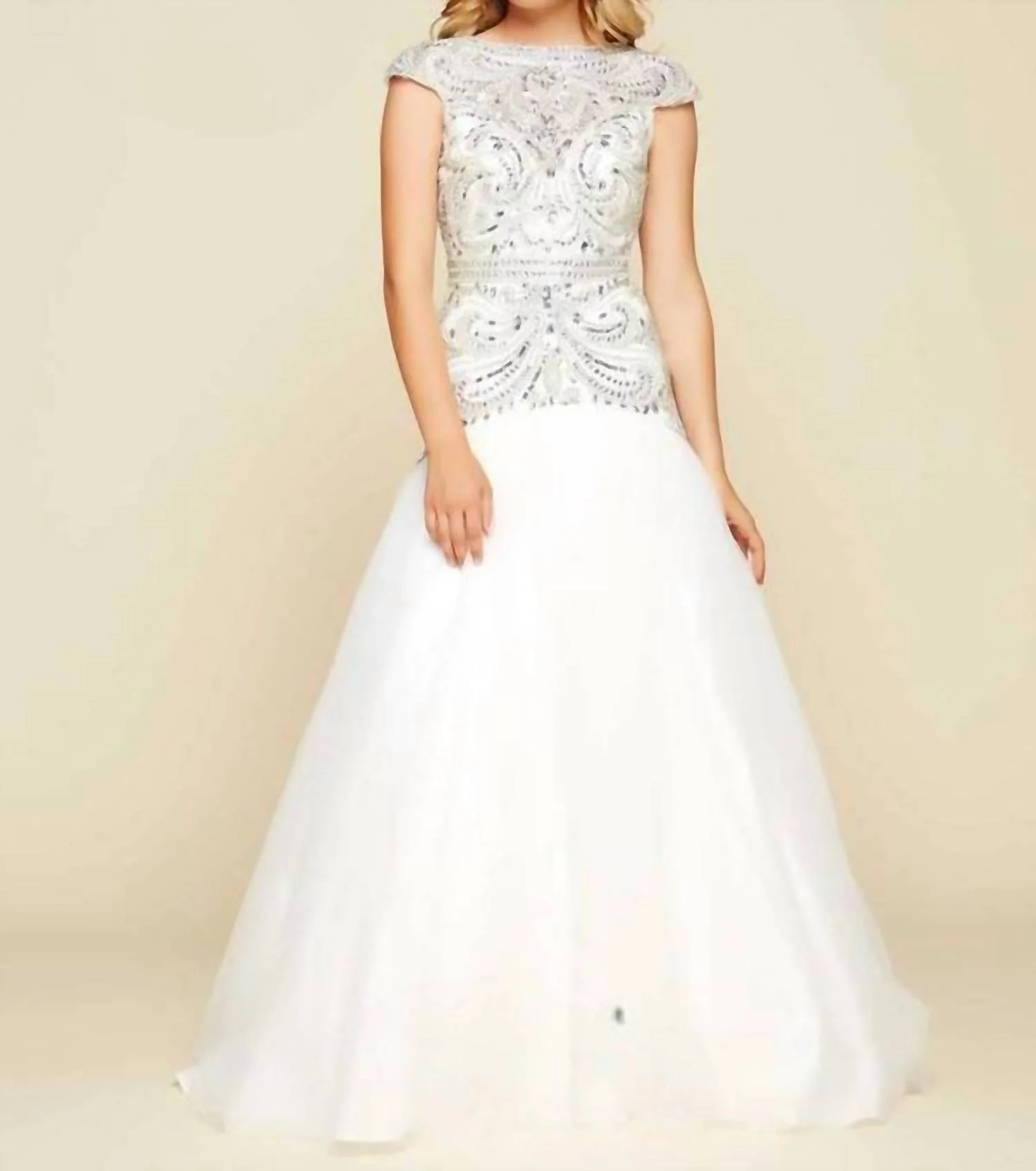 Cap Sleeve Ornate Illusion Trumpet Gown In White/silver