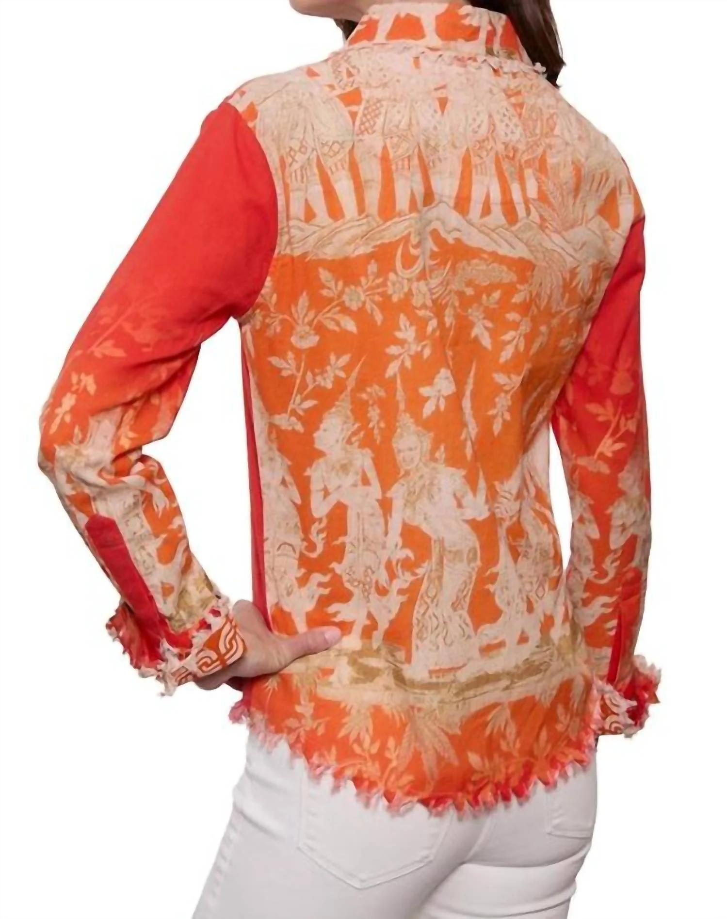 Cape Cod Top In Orange Gold Thai Dancers Print - Image 2