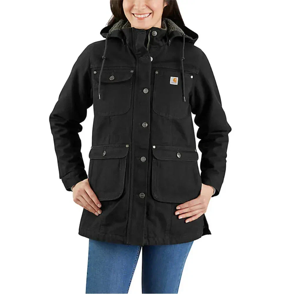 Carhartt Field Jacket Women's Black Sherpa-Lined Collar Hooded Snap Front KFC483 - Image 2