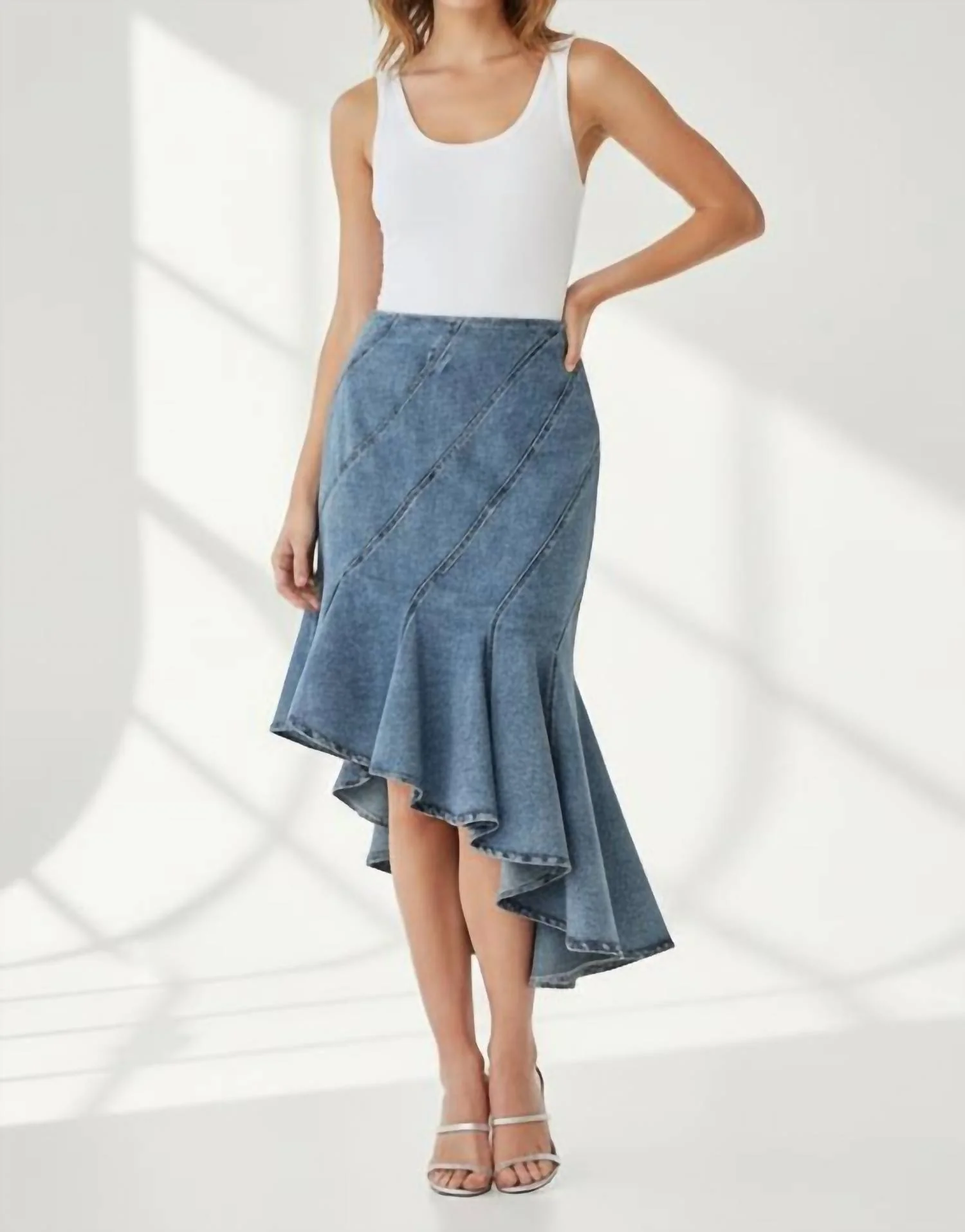 Cascade Ruffle Denim Skirt In Blue