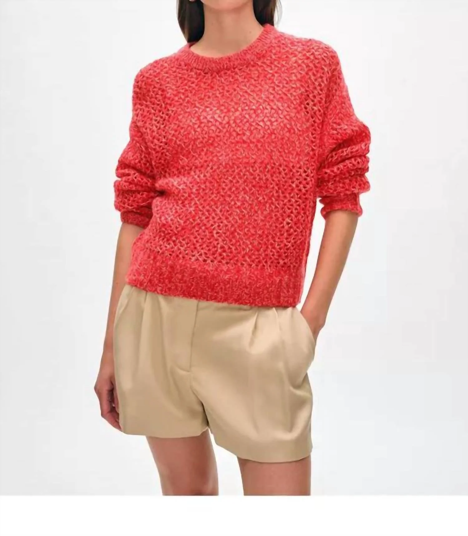 Cashmere Marled Mesh Sweater In Bright Scarlet Combo - Image 3