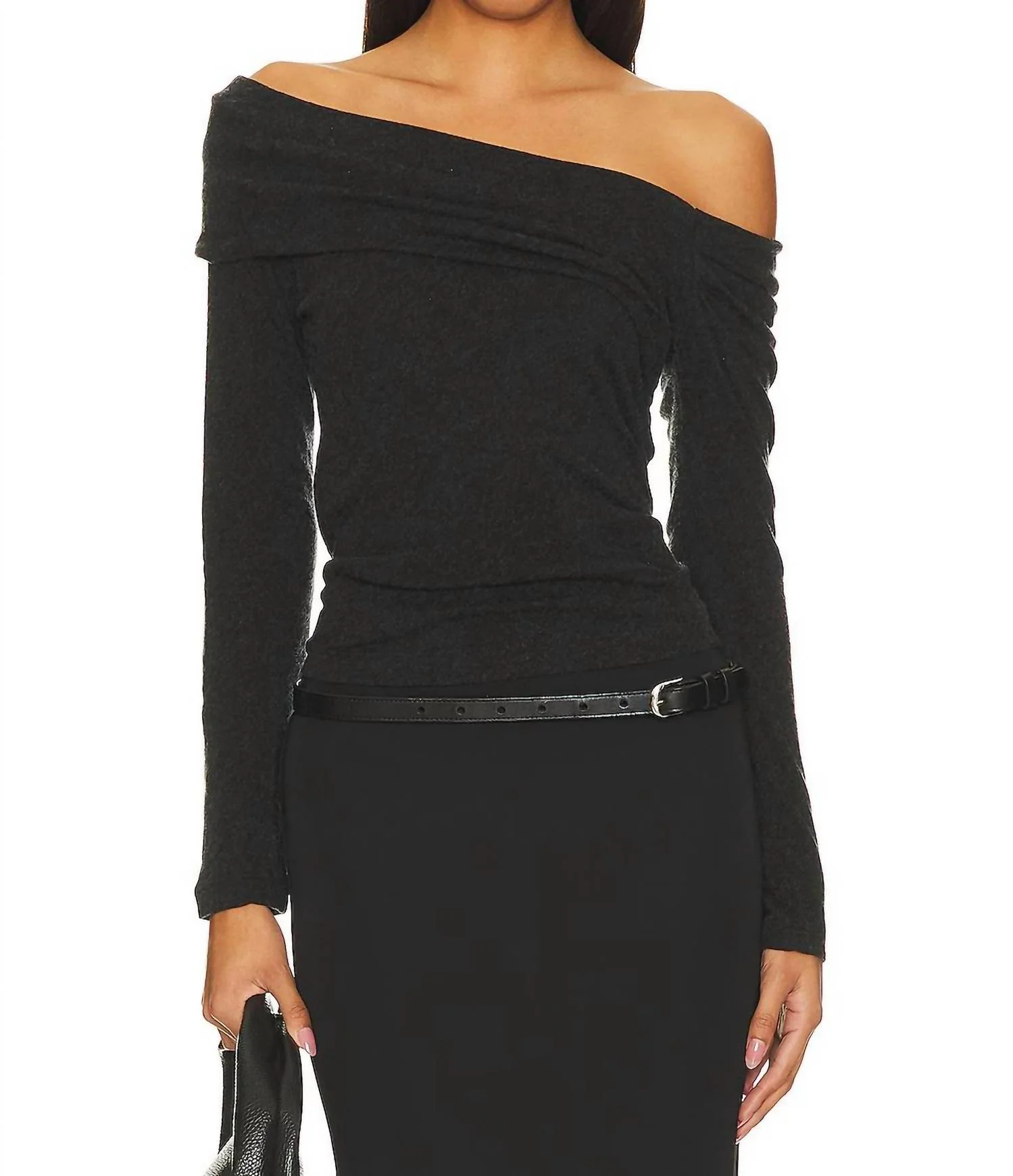Cashmere One-Shoulder Drape Top In Charcoal