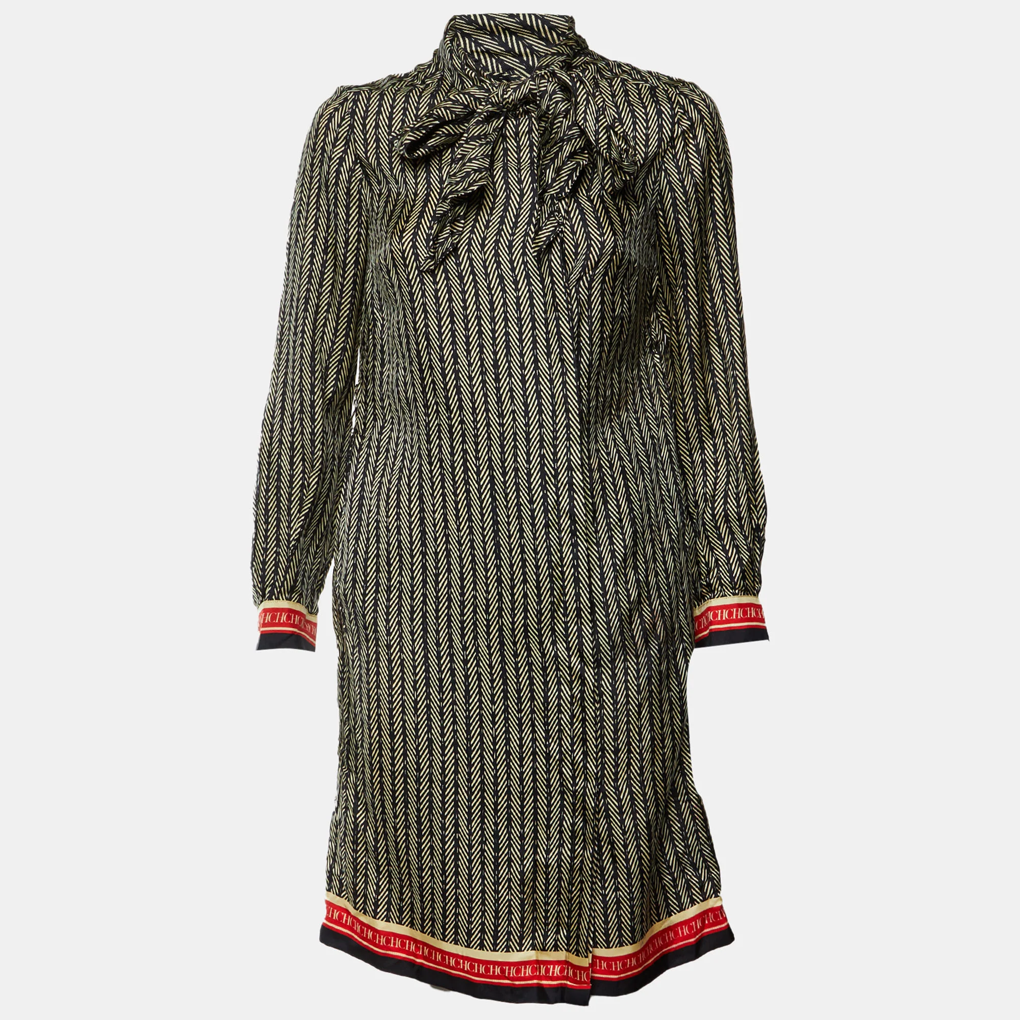 Ch Carolina Herrera Black Herringbone Print Silk Shirt Dress