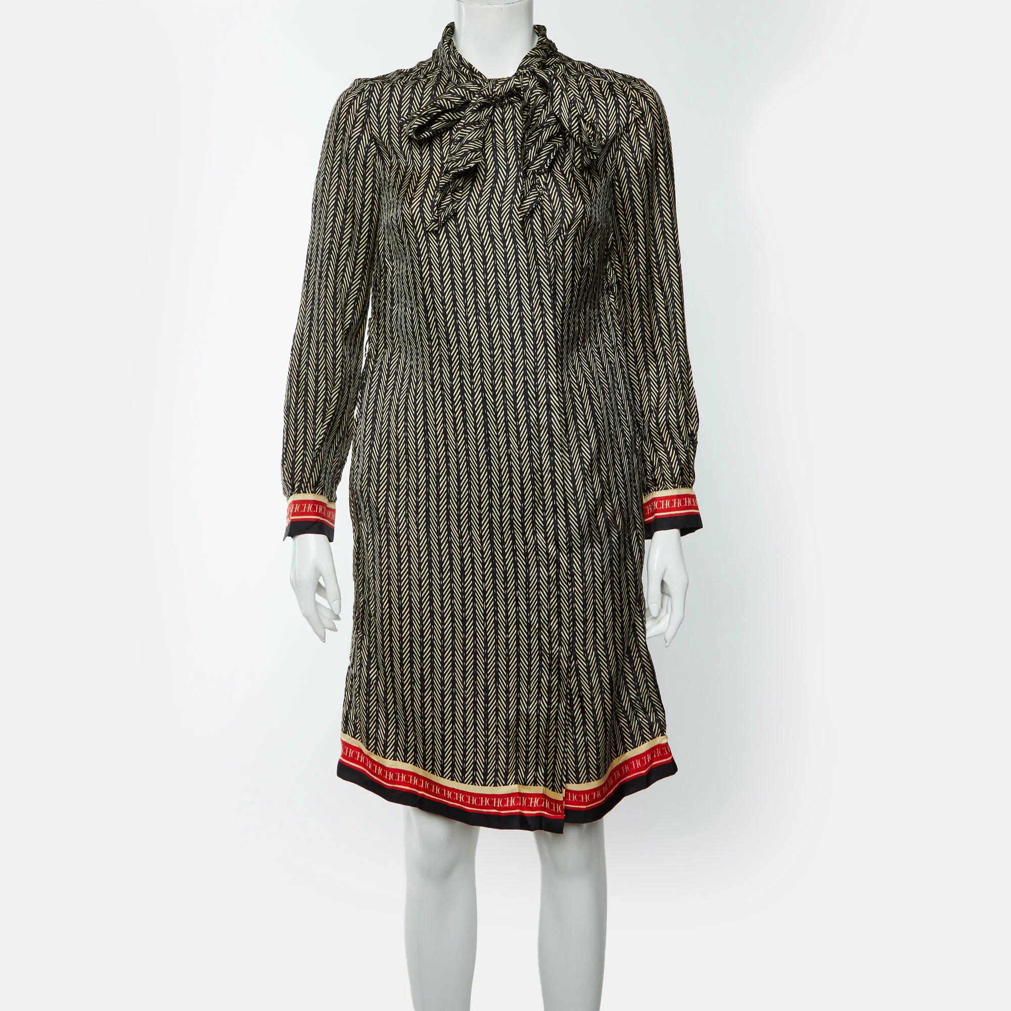 Ch Carolina Herrera Black Herringbone Print Silk Shirt Dress - Image 2