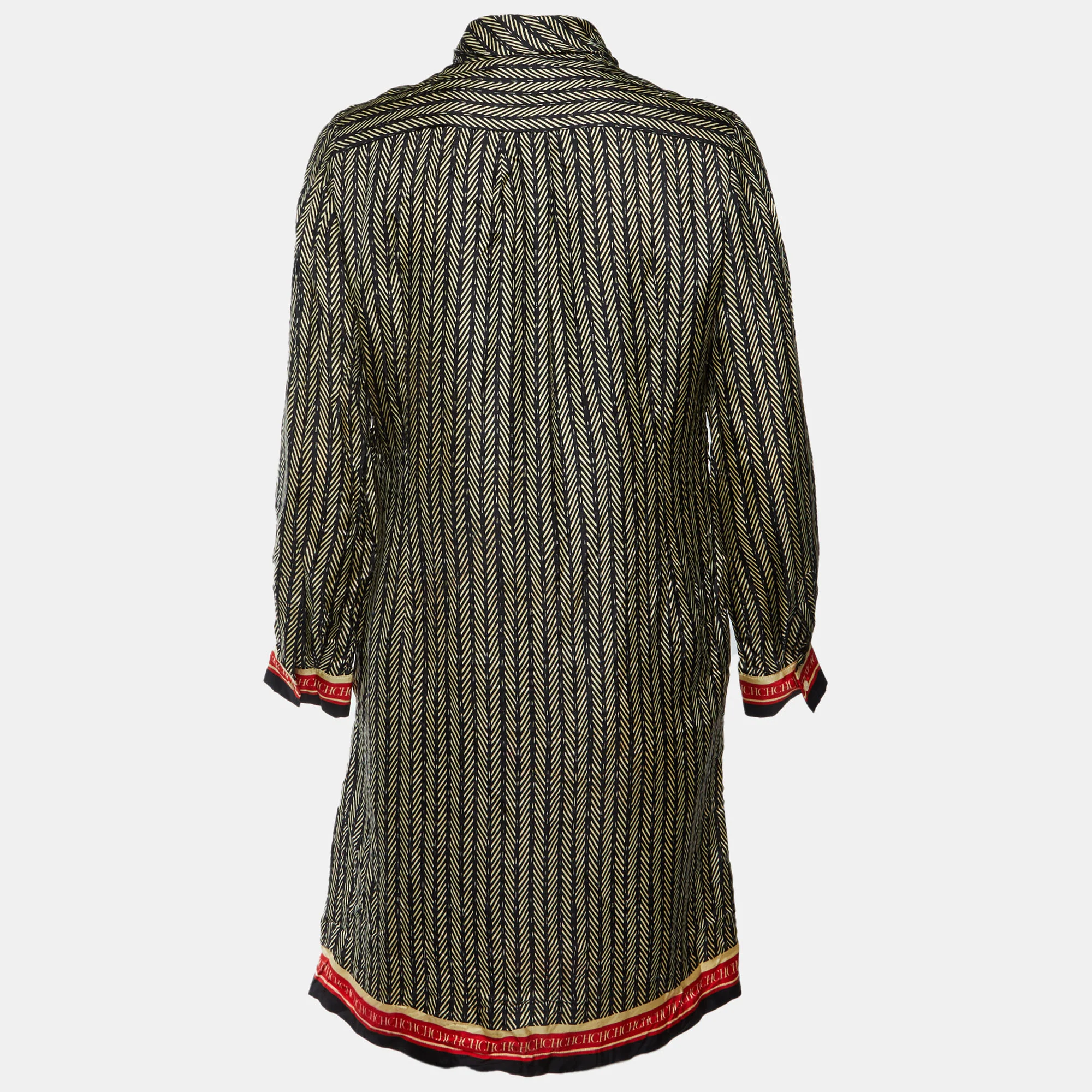 Ch Carolina Herrera Black Herringbone Print Silk Shirt Dress - Image 3