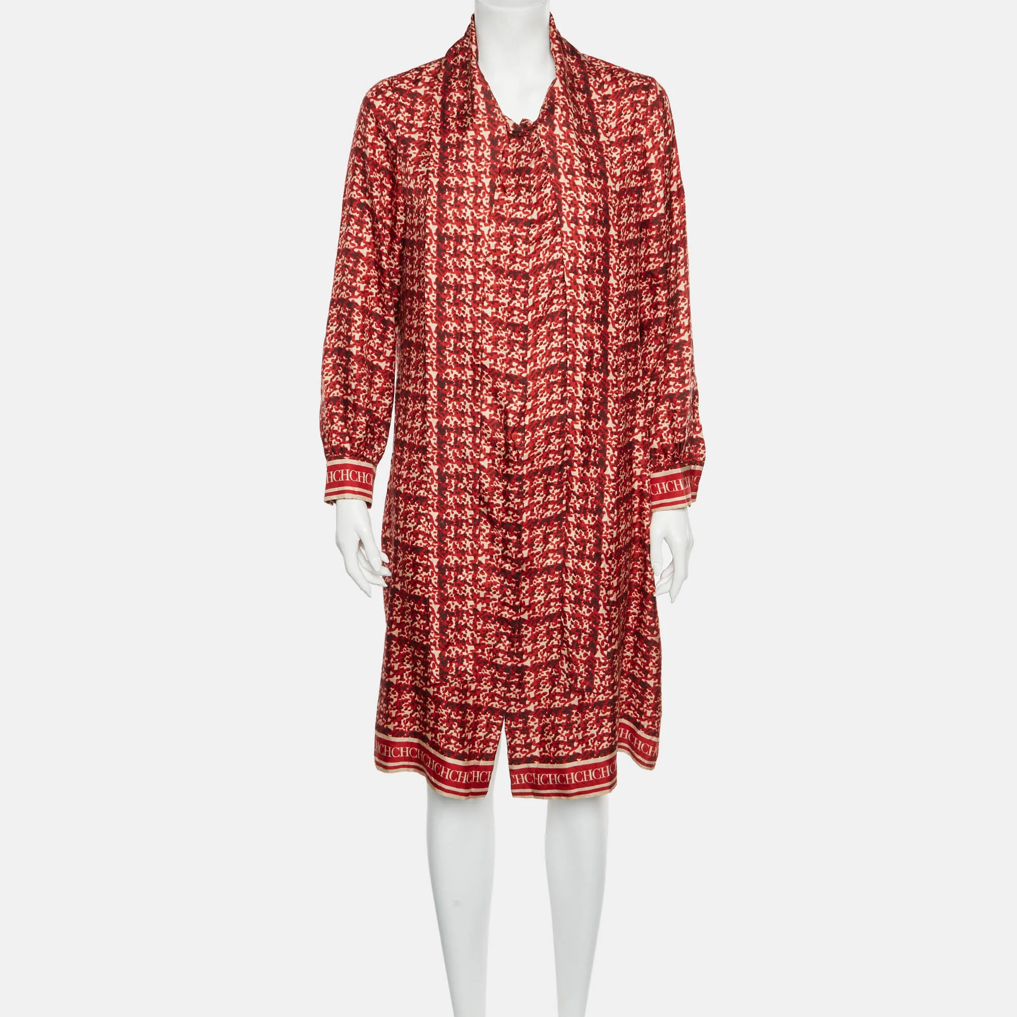 Ch Carolina Herrera Red Abstract Printed Silk Button Front Tunic Dress - Image 2