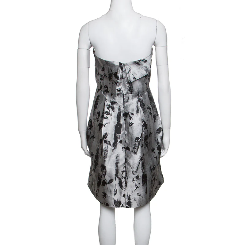 Ch Carolina Herrera Silver And Black Floral Jacquard Strapless Dress - Image 3