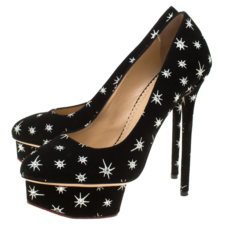 Charlotte Olympia Black Crystal Embellished Printed Suede Joise Platform Pumps - Image 4
