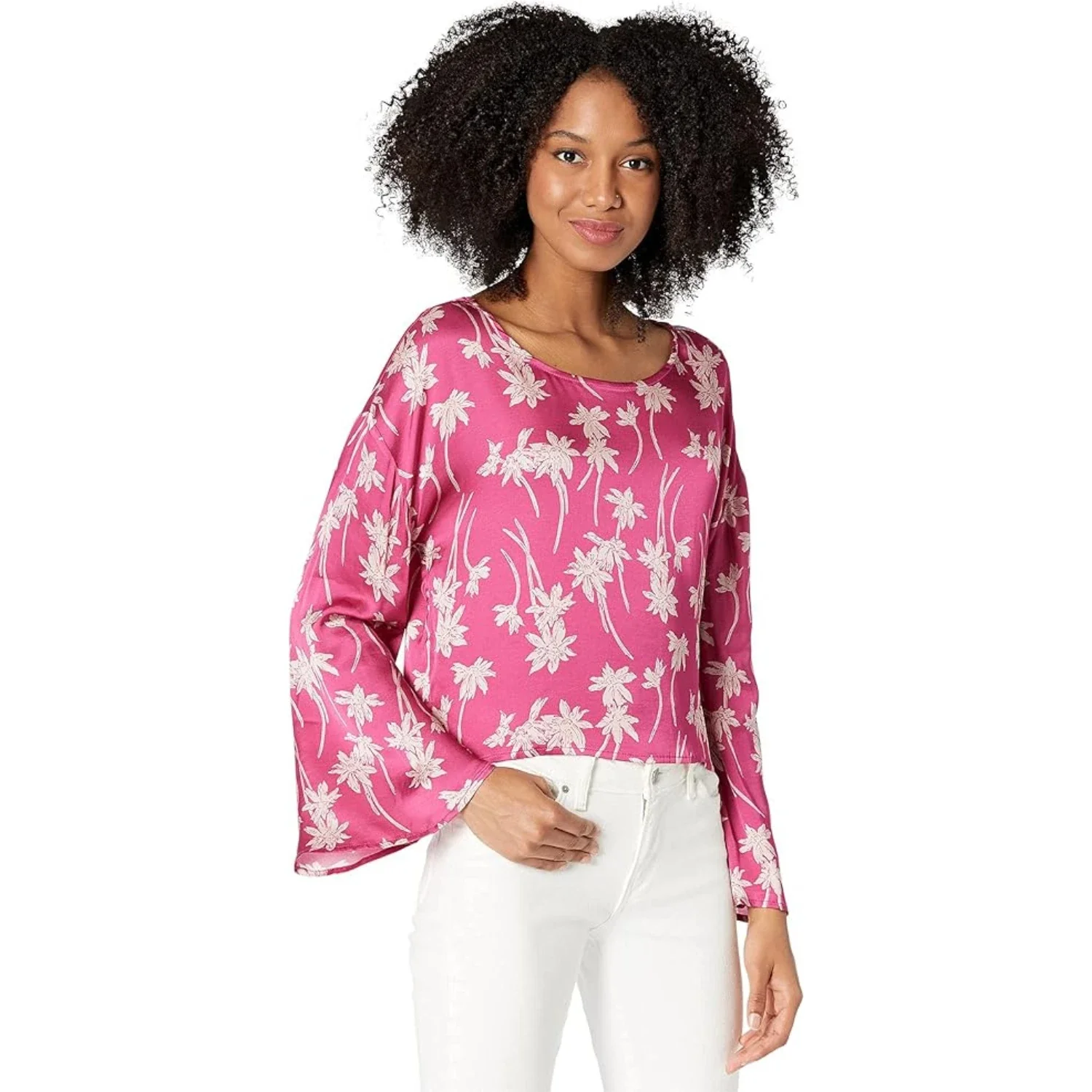 CHASER Top Women's Pink Floral Bell Sleeve Back Slit Cropped Blouse JZZ395 - Image 3
