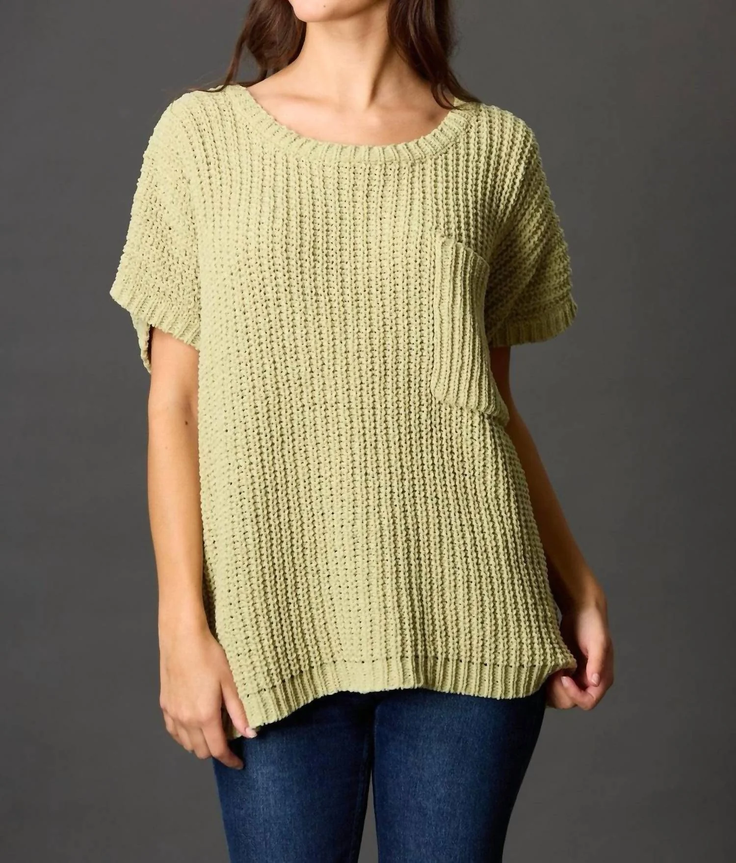 Chenille Knit Short Sleeve Sweater Top In Matcha