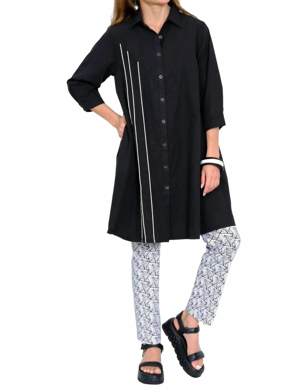 Cherry Solid Button Front Tunic Dress In Black