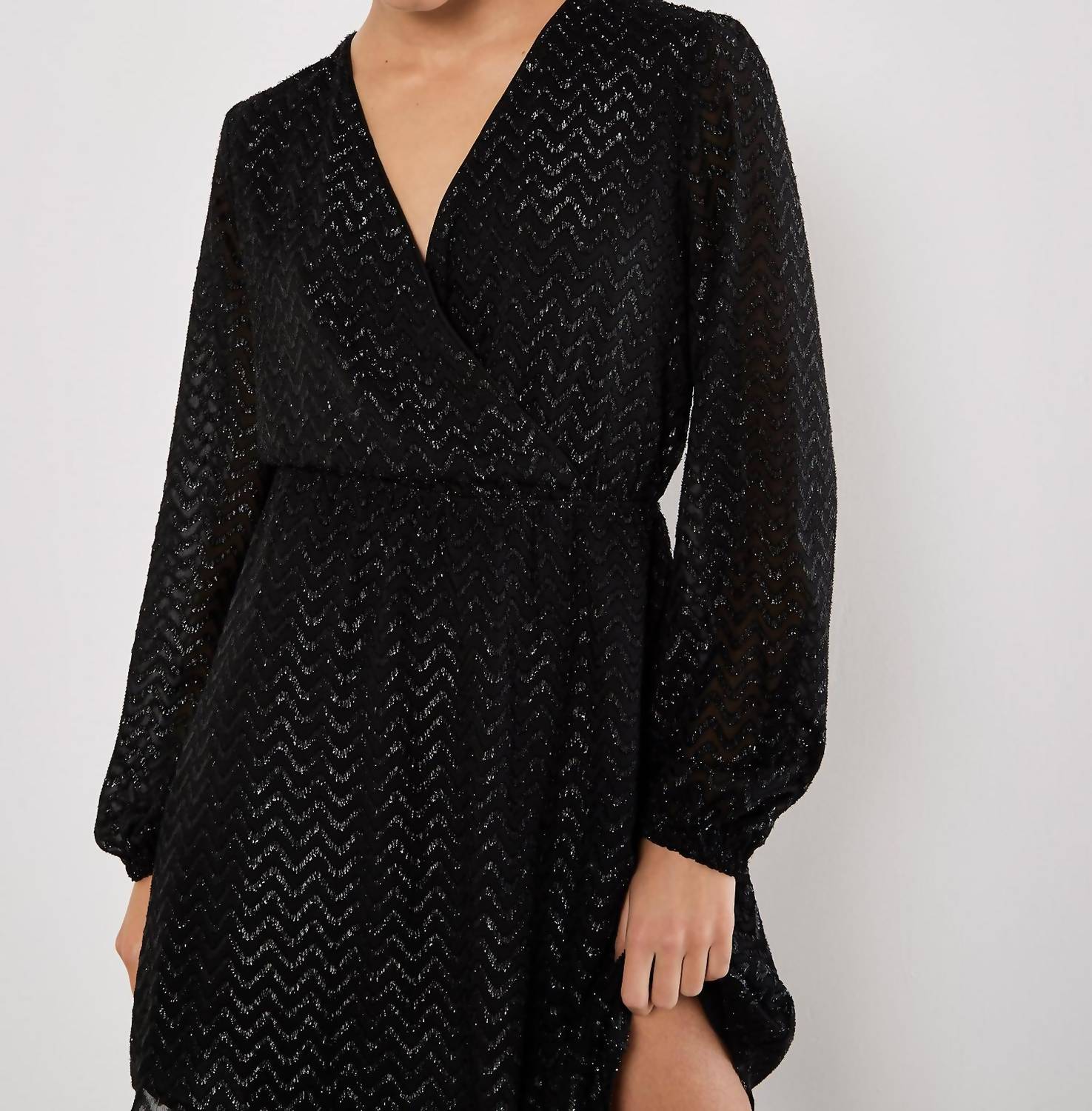 Chevron Jacquard Wrap Dress In Black - Image 3